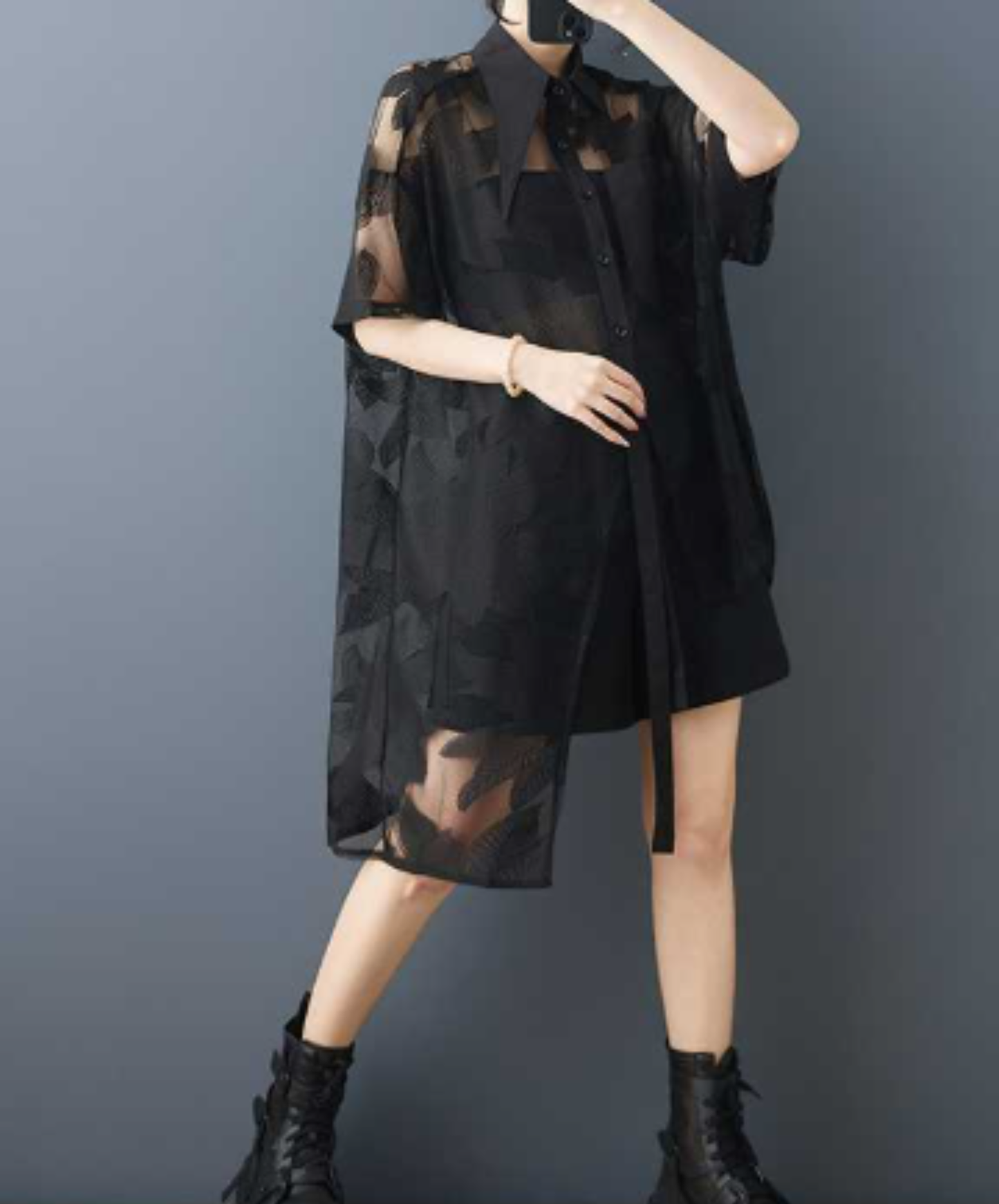 mid-length asymmetrical sheer shirt EN2985
