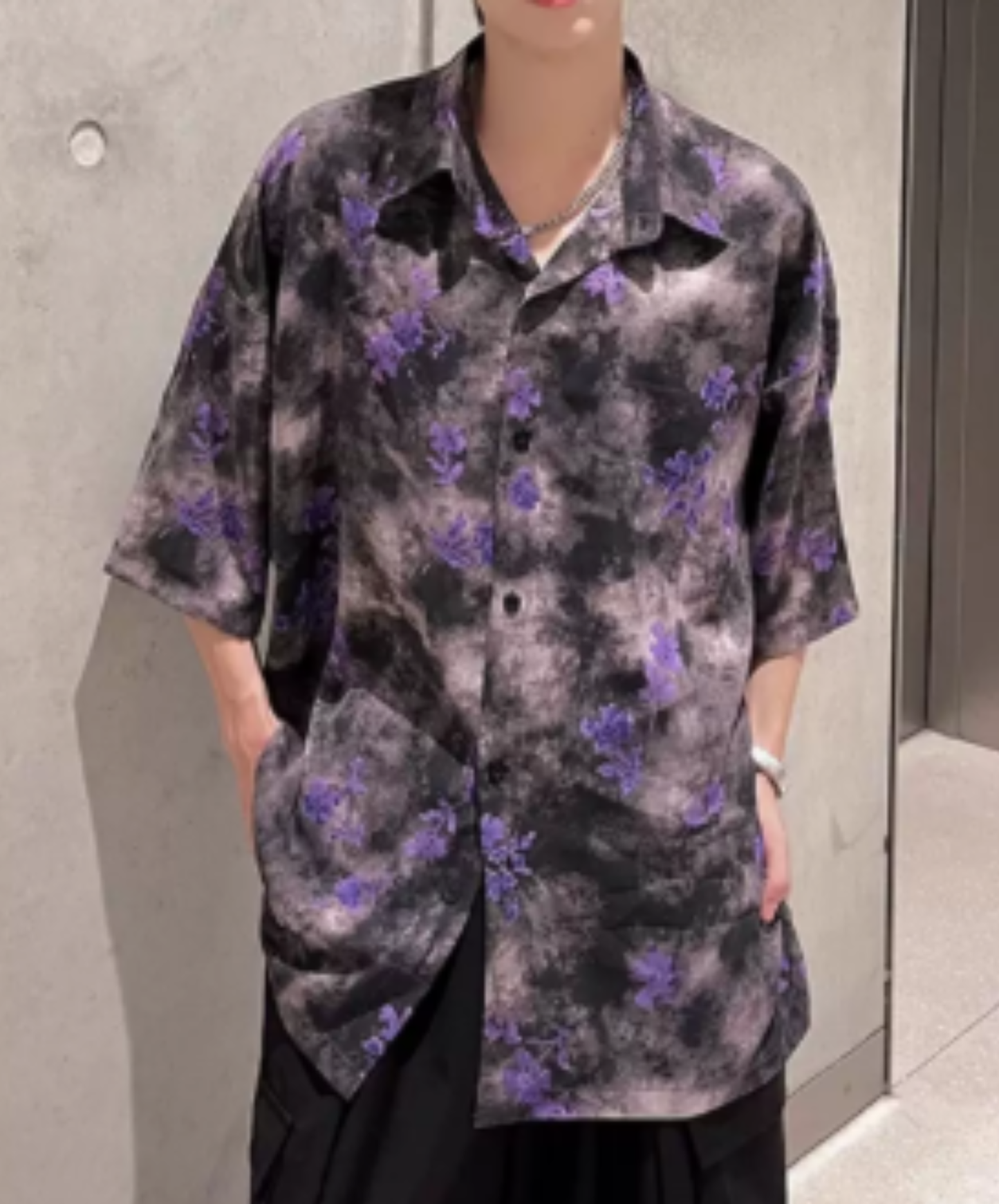 hawaiian-style print with purple flowers shirt EN2997