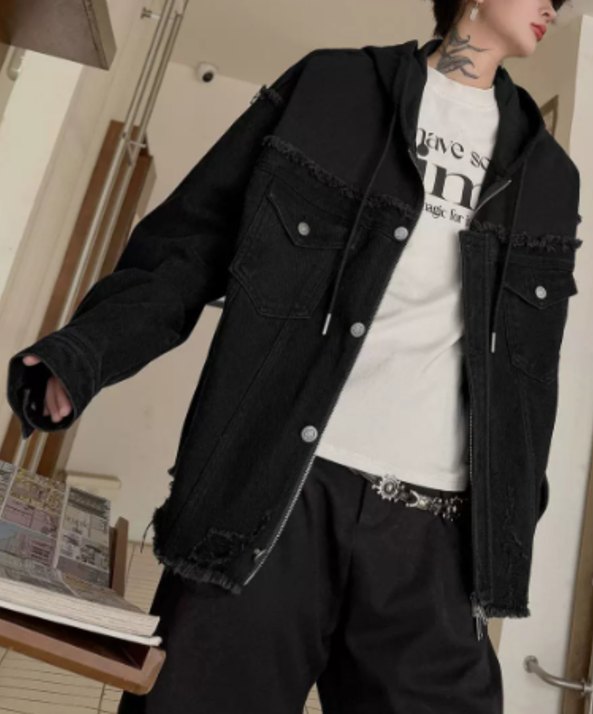 paneled fringed, and distressed jacket EN3239