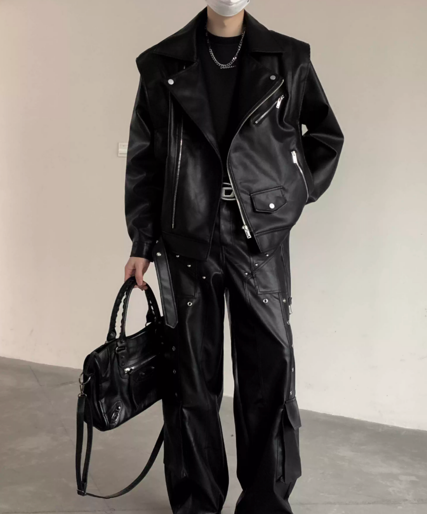 loose lapel pu leather jacket EN2621