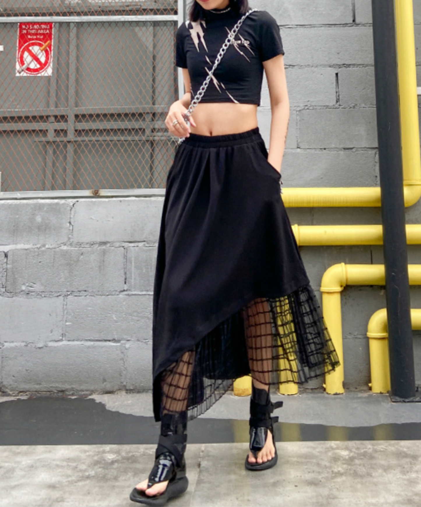 mixed material stitch mesh skirt EN2331