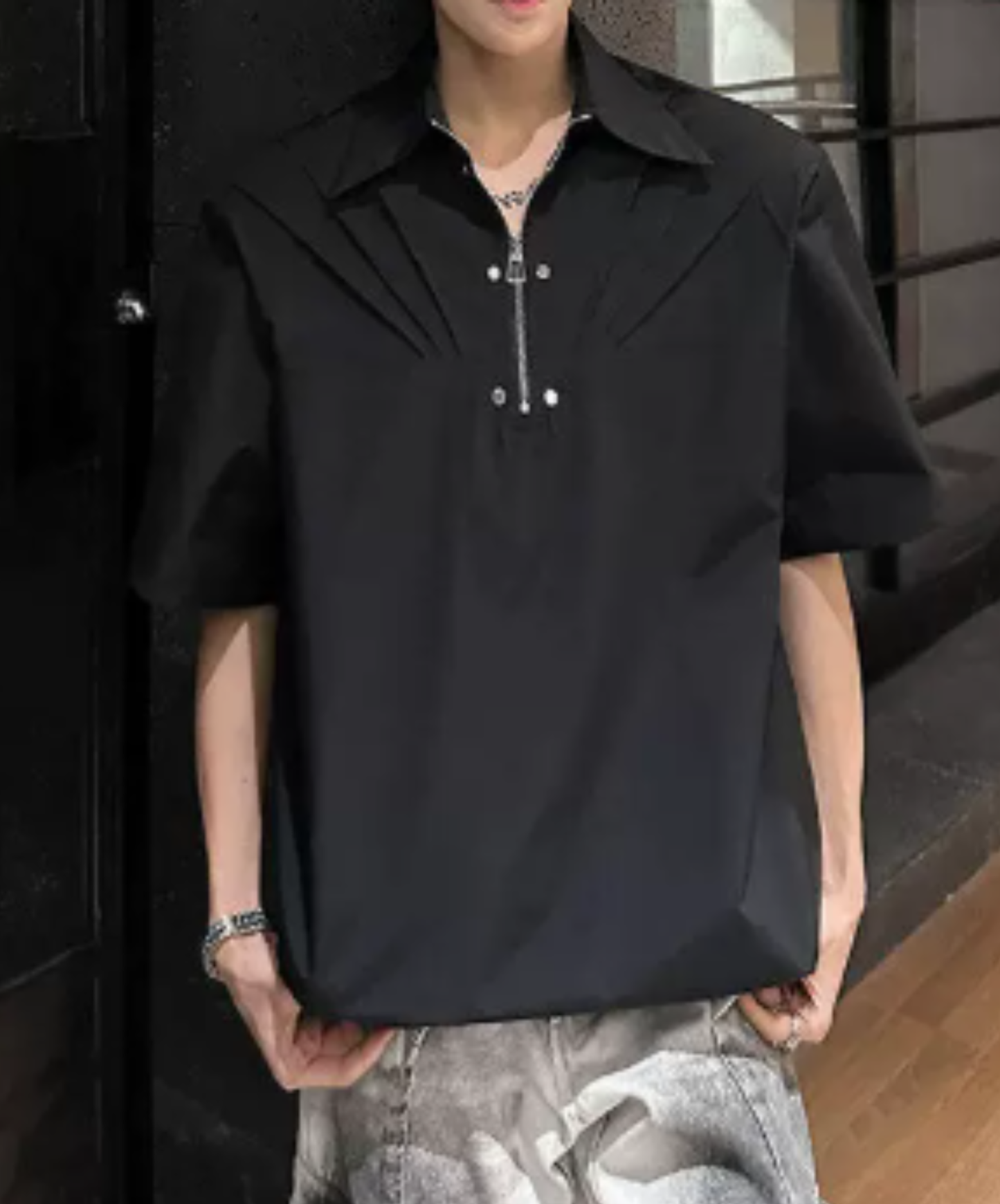 tuck shoulder metal zipper shirt EN2927