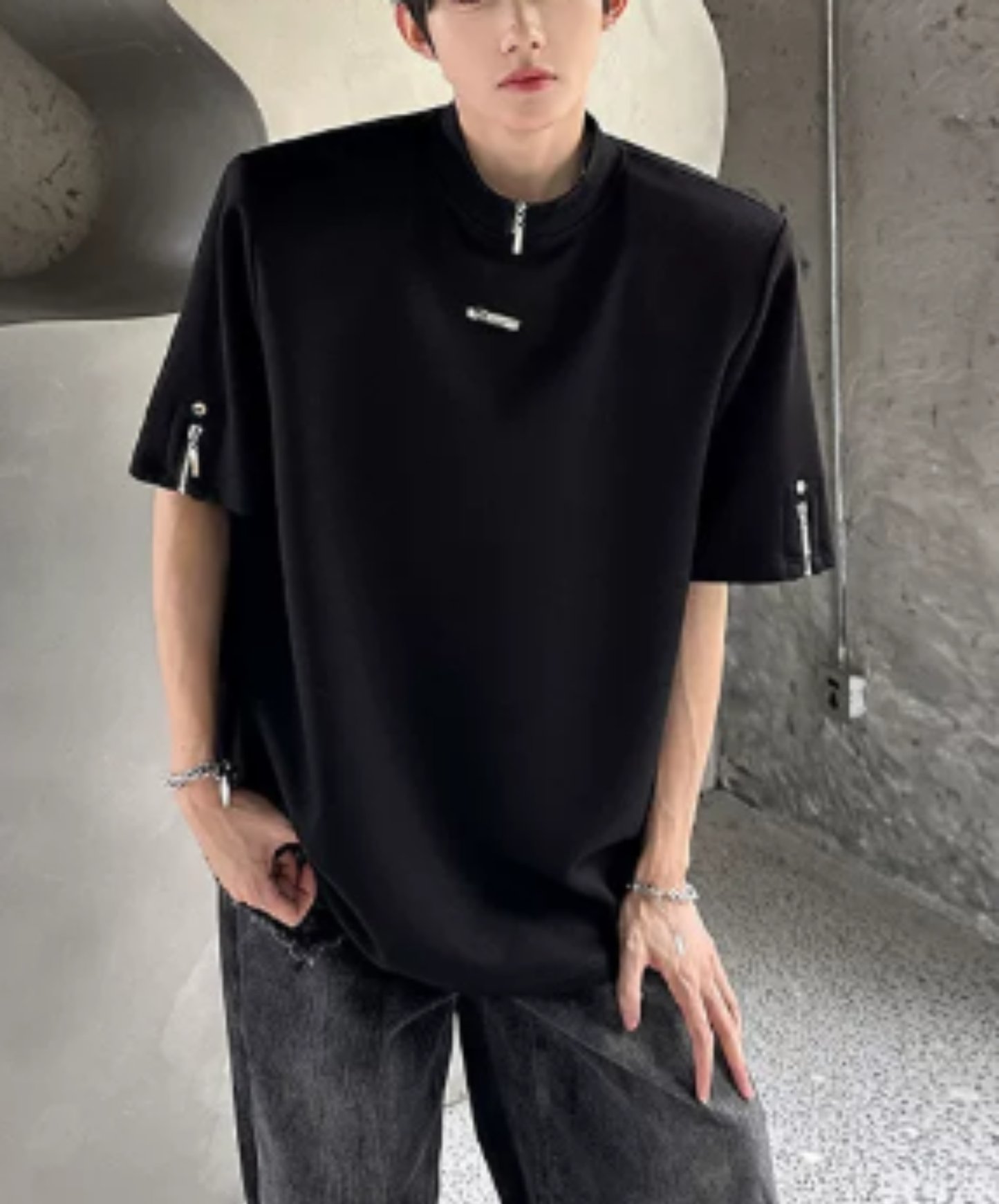 high neck, loose zipper detail t-shirt EN2931
