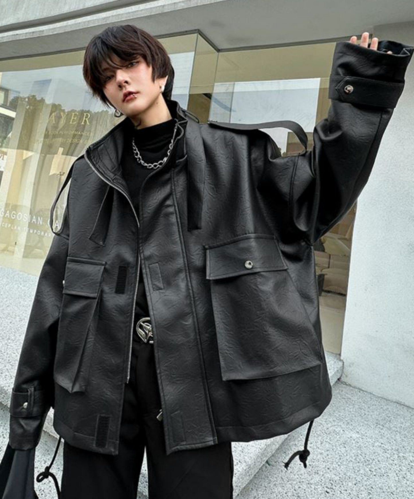 big silhouette pu leather jacket EN1379