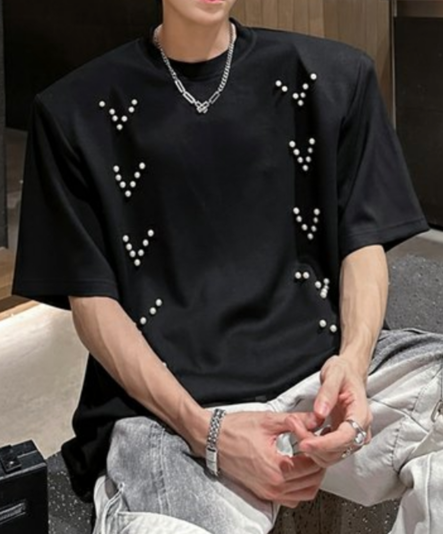 v pearl decoration t-shirt EN2090