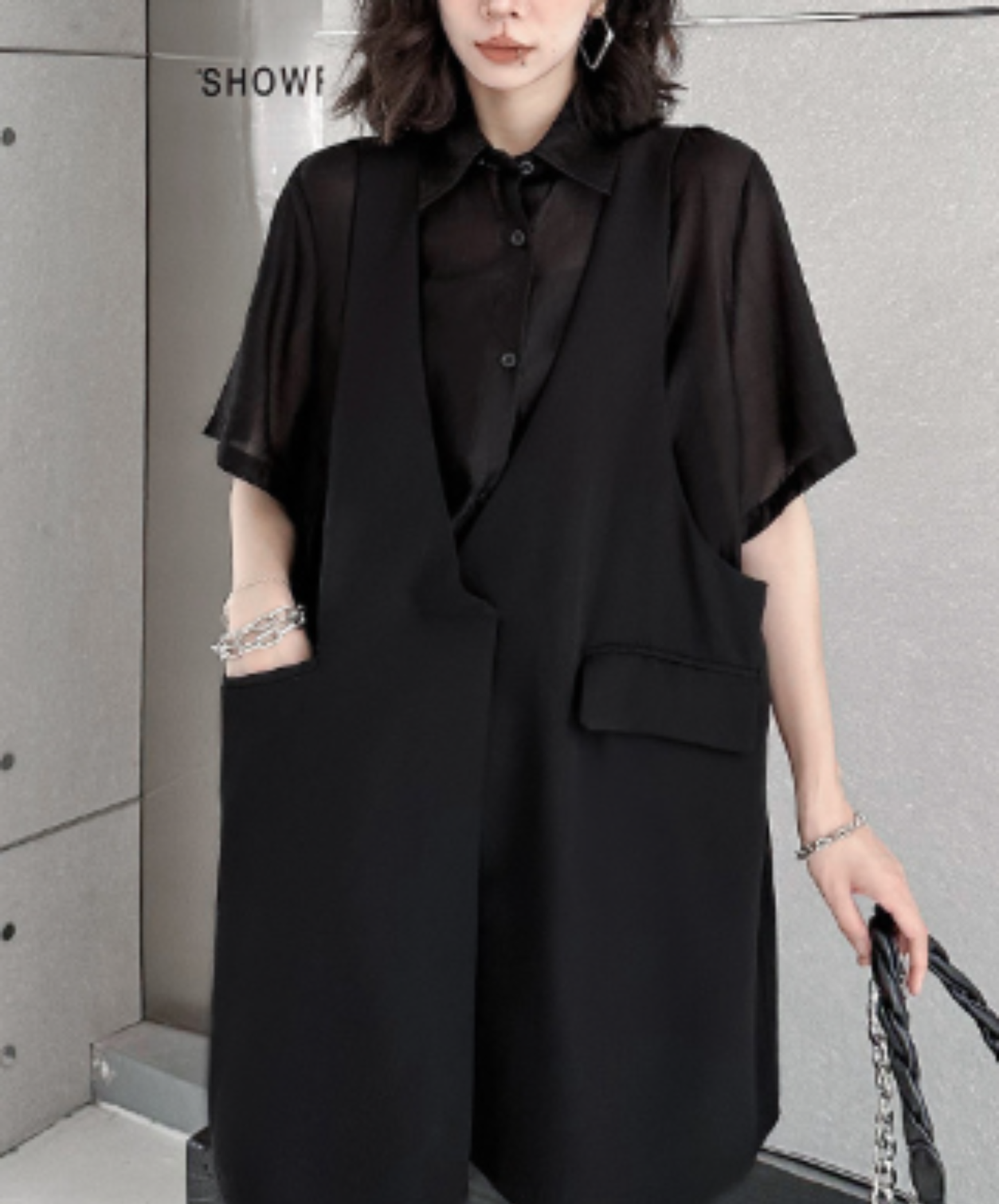 dark fake two-piece loose sheer shirt EN2977