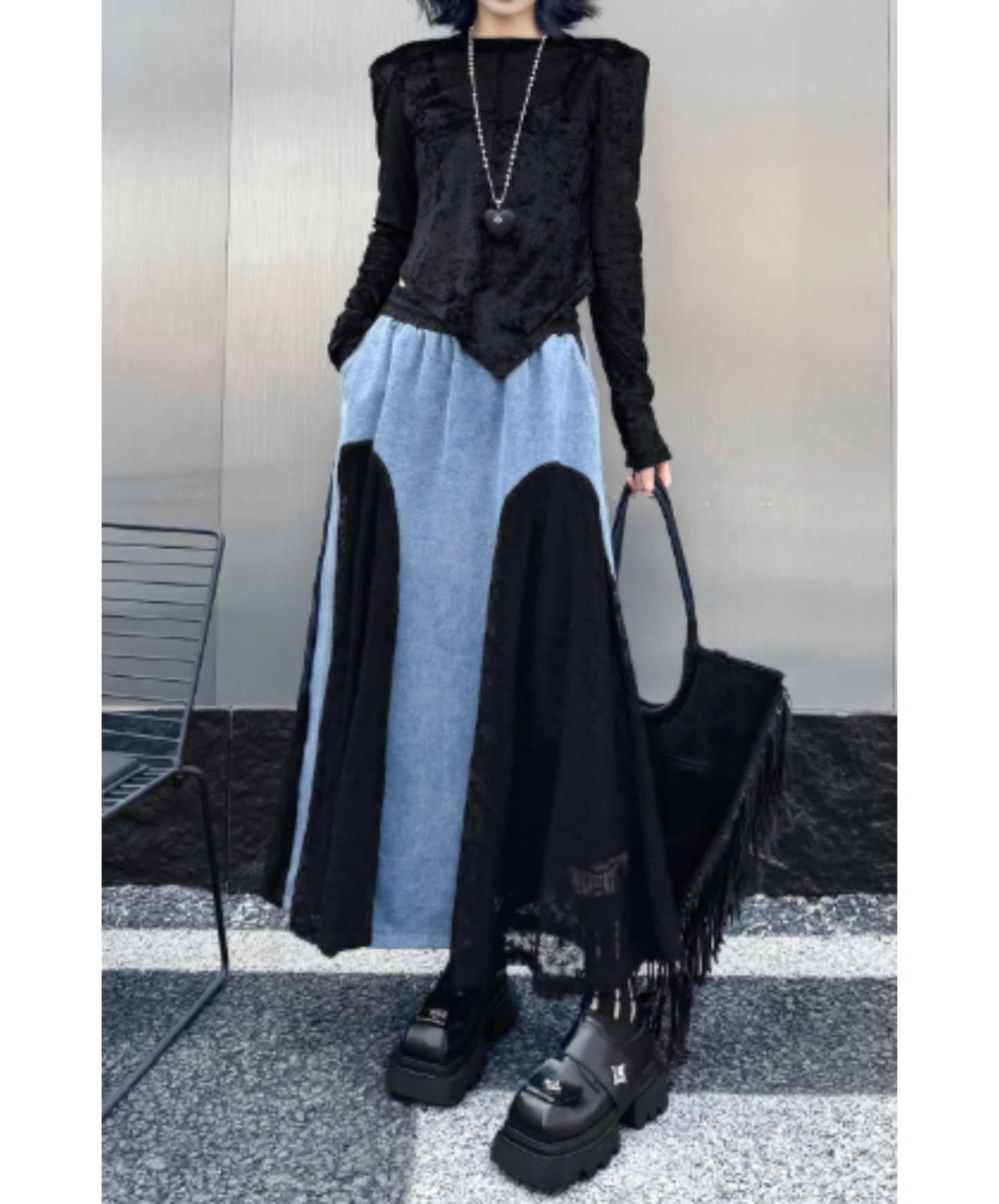 denim x lace patchwork skirt EN2894