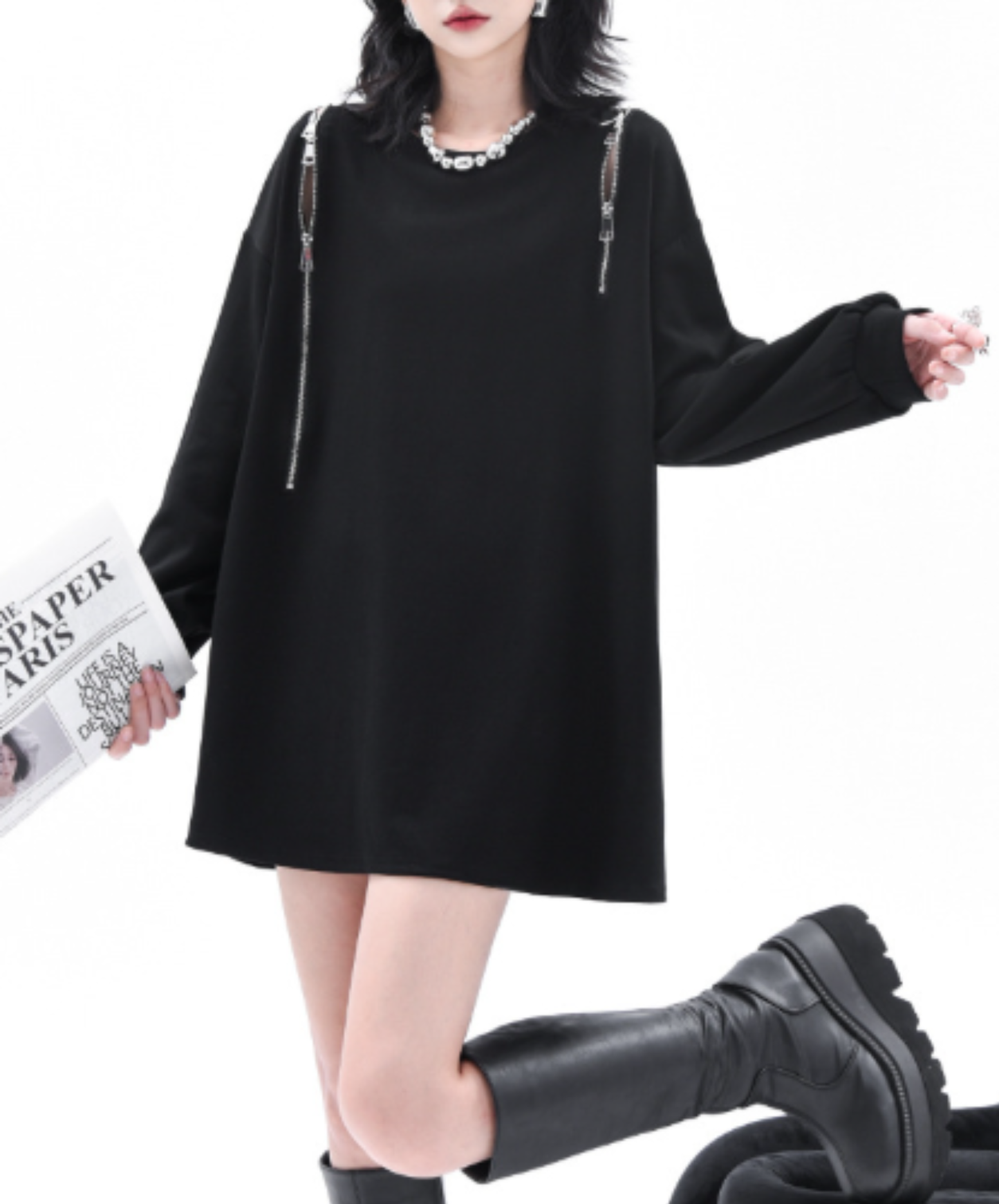 chain-pattern patchwork mid-length style sweatshirt EN3132