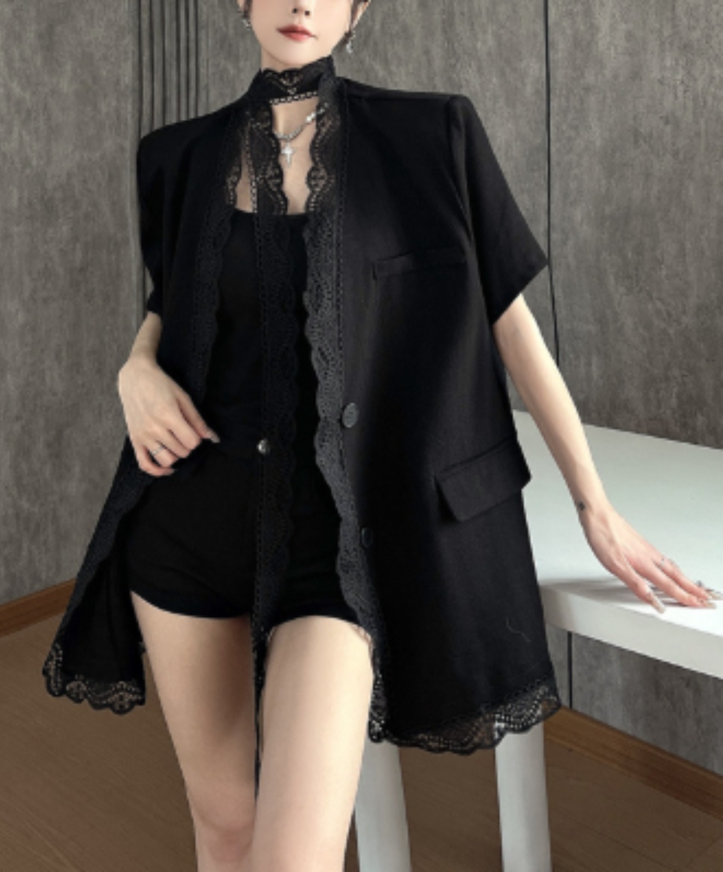lightweight lace cotton linen jacket EN2965