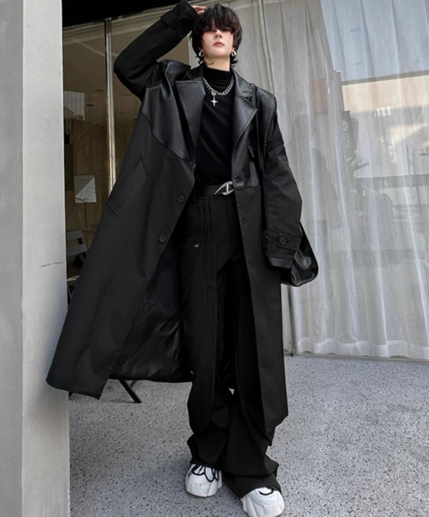 korean style pu leather wide silhouette coat EN1372