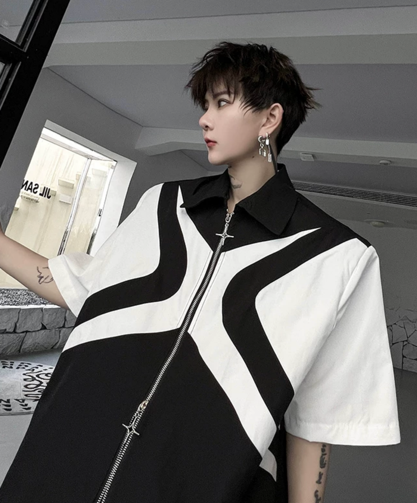 dark double zipper x design shirt EN2865