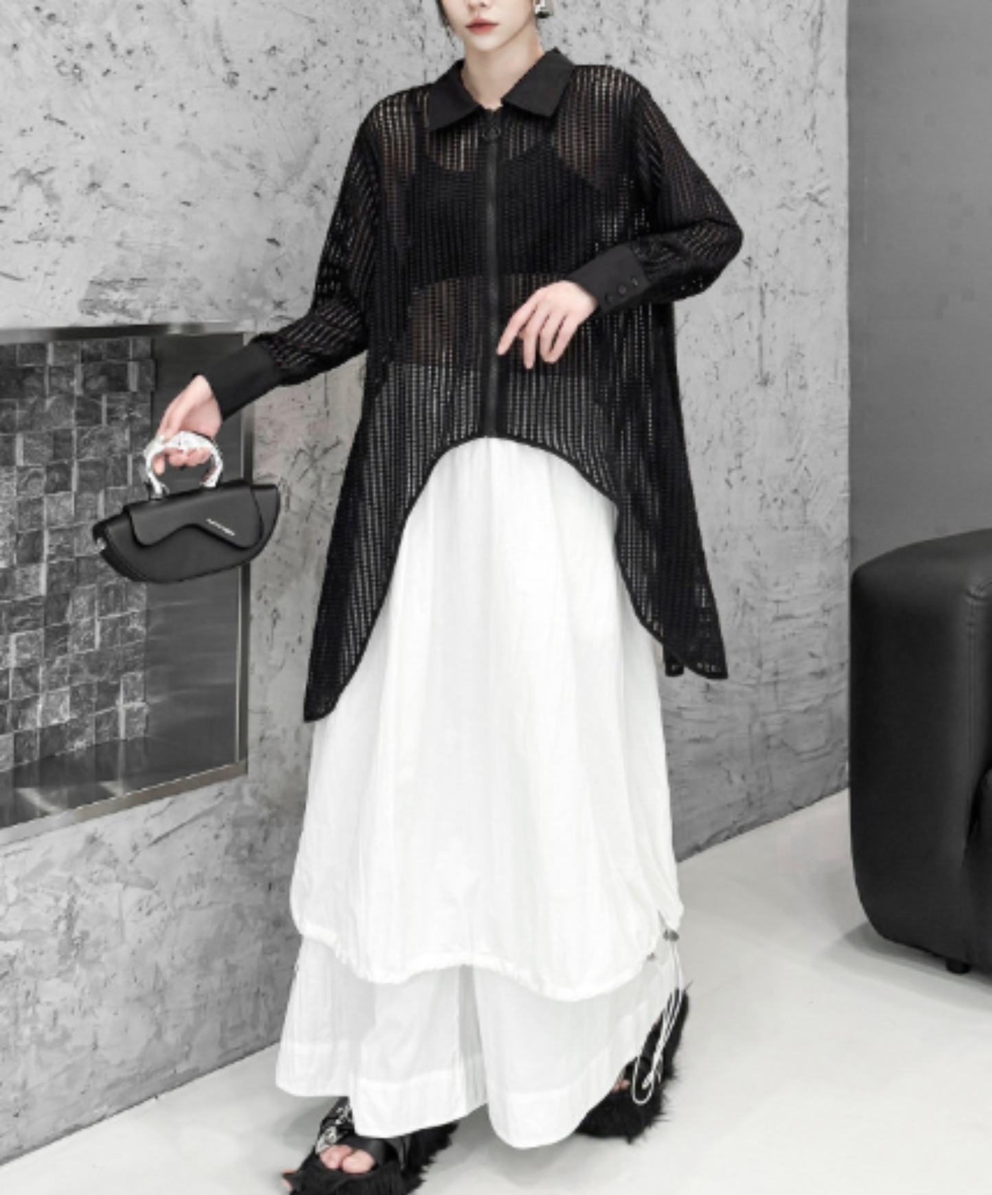 dark Irregular design ring fastener sheer shirt EN2967
