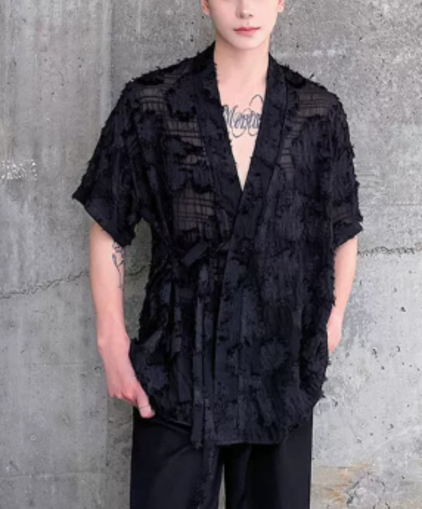 jacquard v-neck sheer shirt EN3020