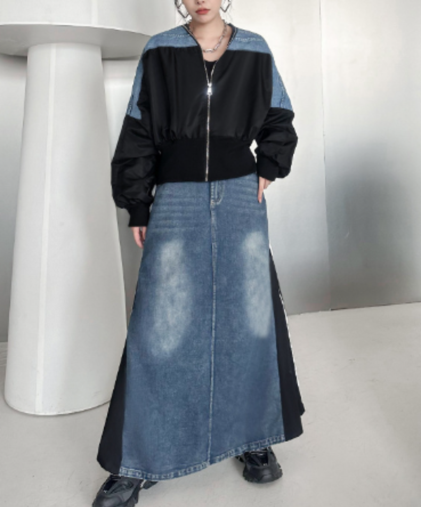 cropped denim patchwork style zipper jacket EN3112