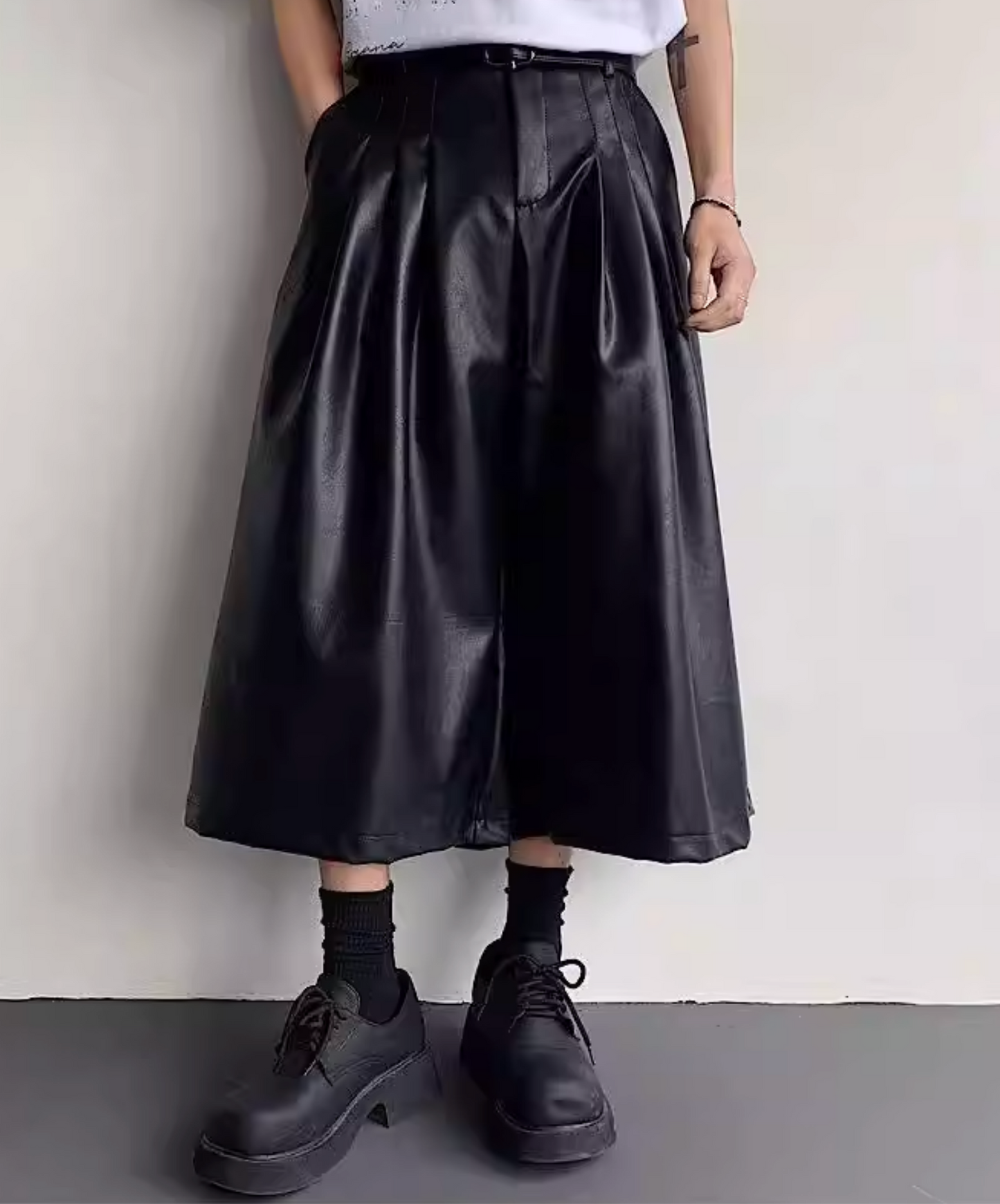 pu leather mid-length wide pants EN2835