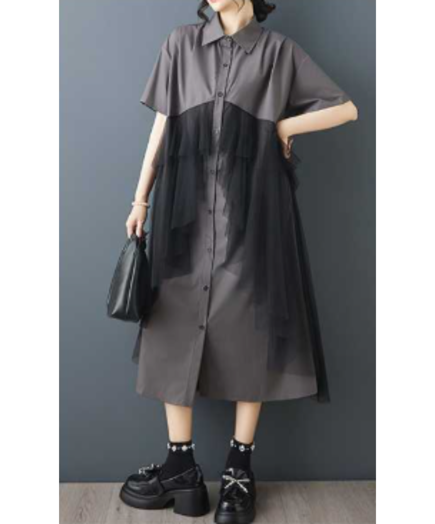 dark mesh patchwork long shirt EN3054