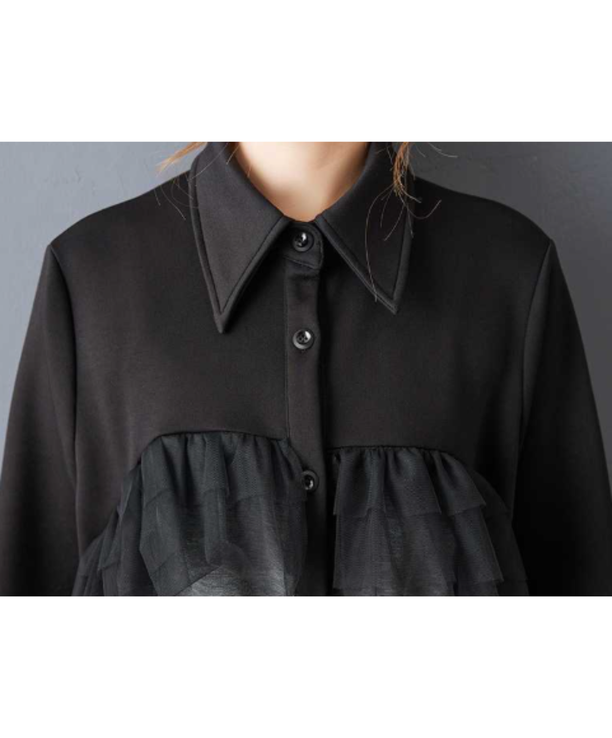 drawstring design tulle ruffle detailing long shirt EN3234