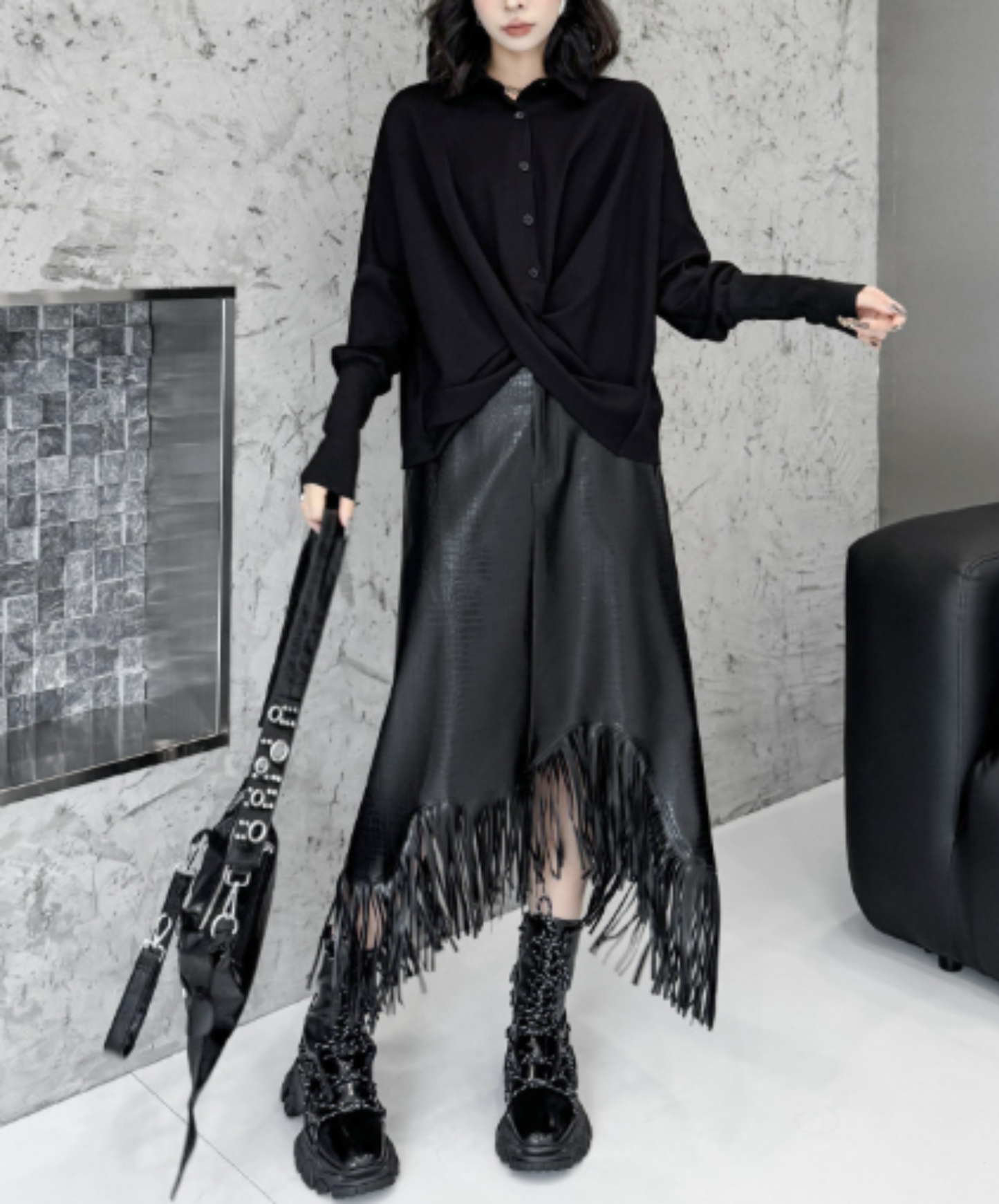 dark crossover-design dolman sleeves shirt EN3131