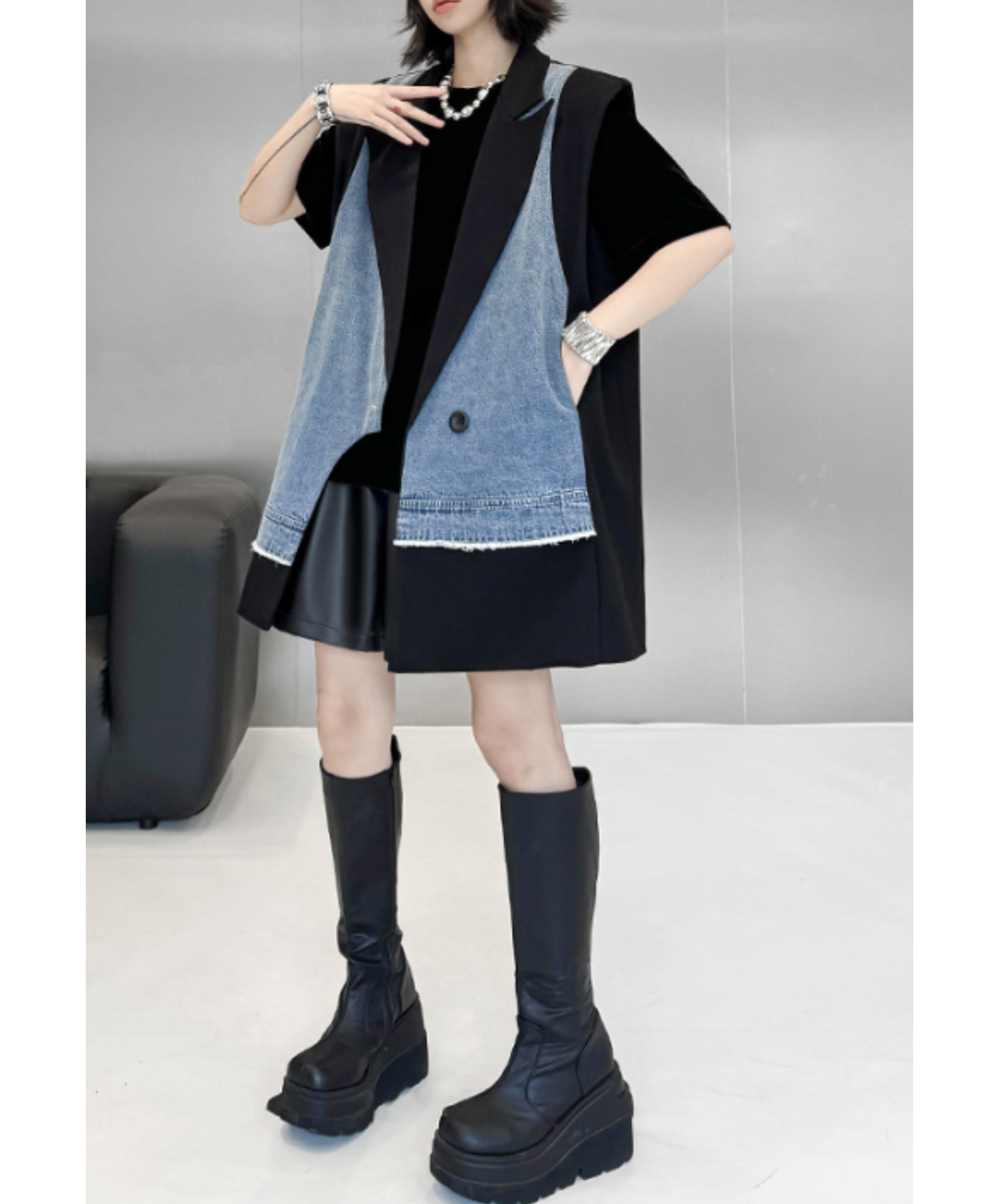denim patchwork asymmetric vest EN2893
