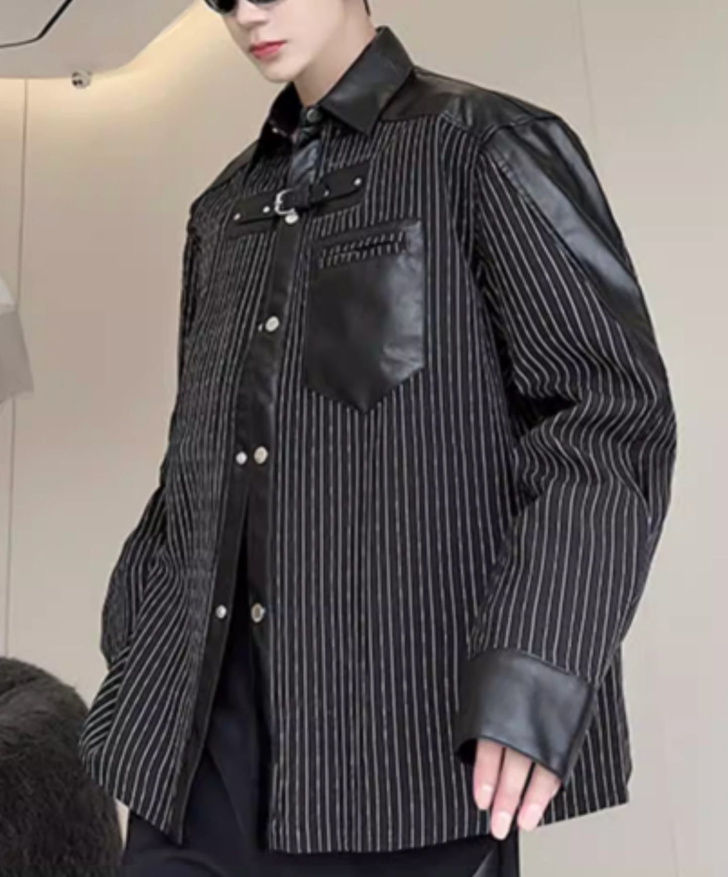thin striped leather patchwork shirt EN2817