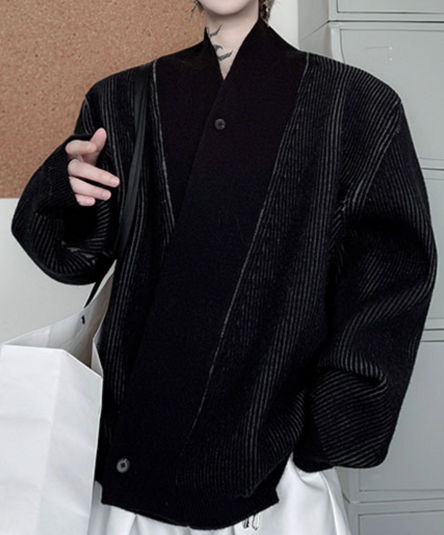 plain x striped knit cardigan EN2531