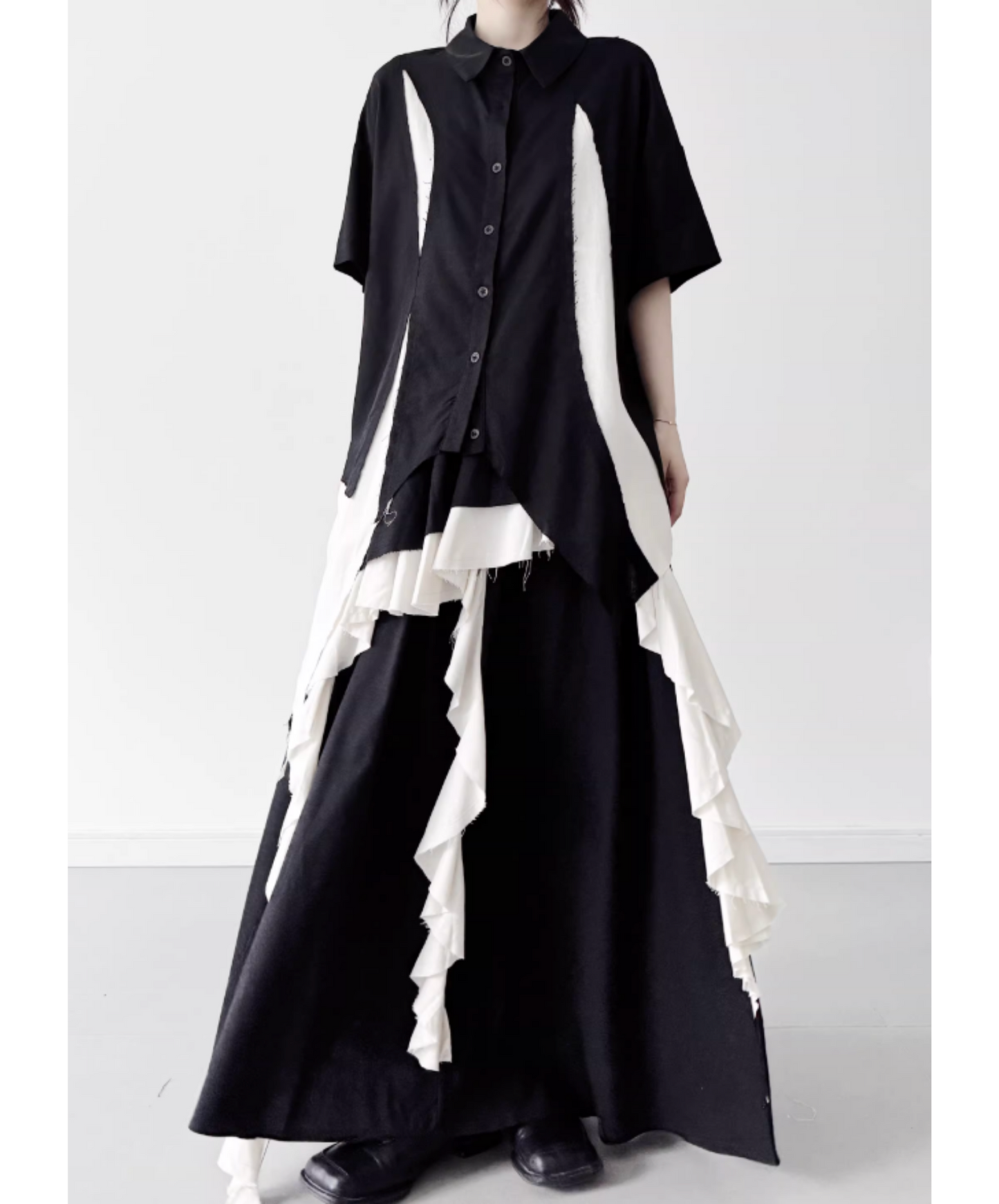 dark Irregular color block short-sleeved shirt EN2809