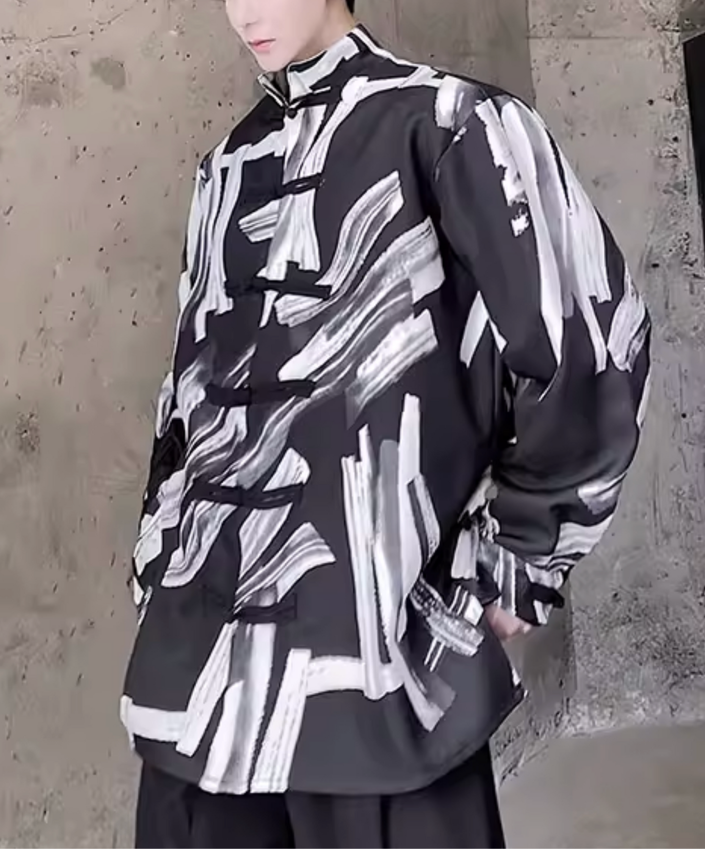 splicing print stand collar shirt EN2819