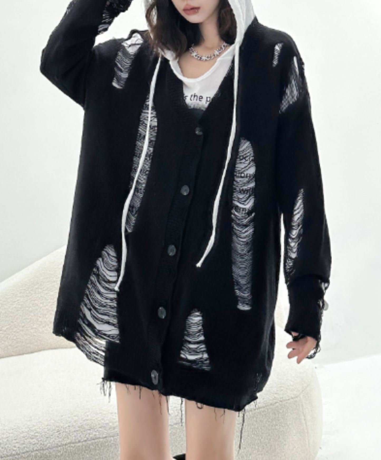 dolman-sleeve top with heavy distressing cardigan EN3123