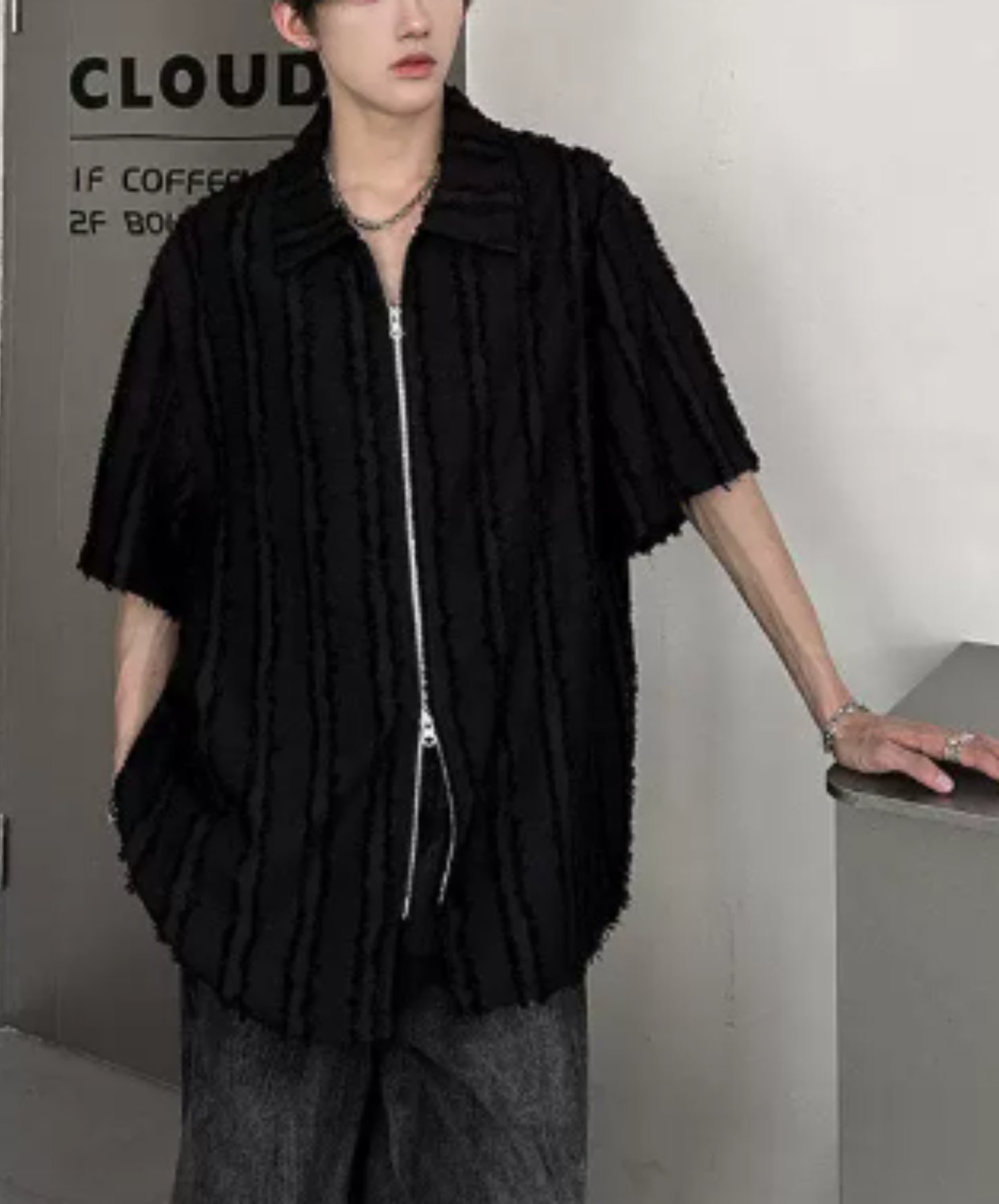 frayed design double zipper shirt EN2976