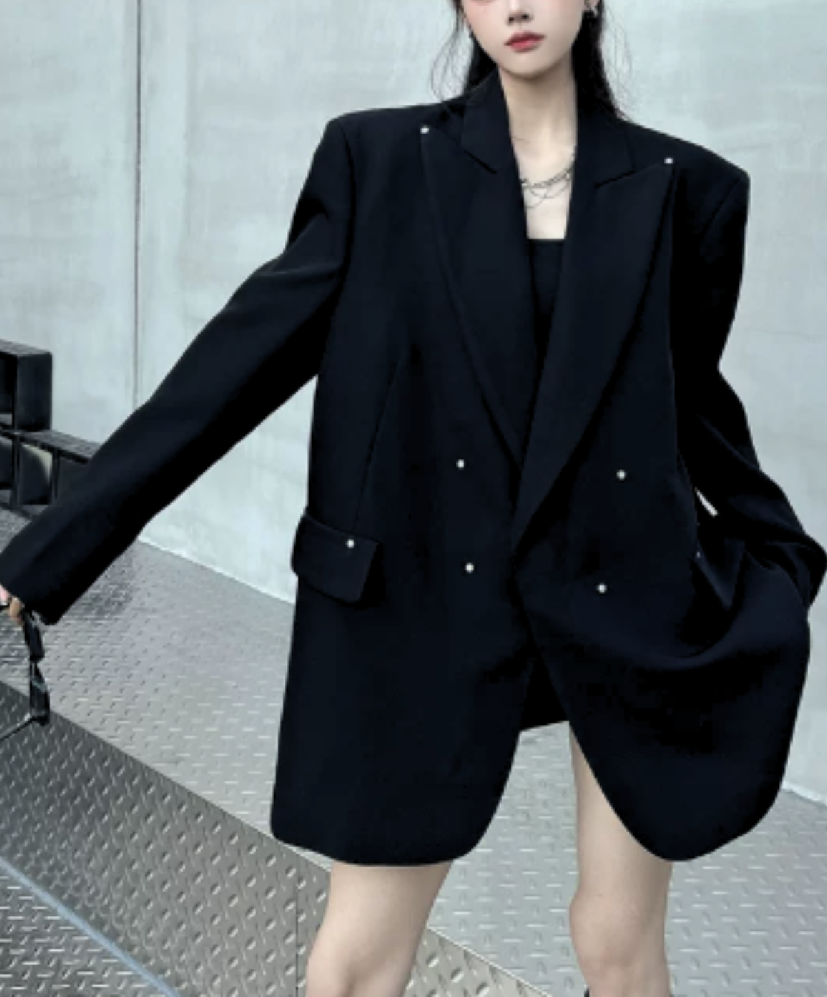 dark shaggy lapel mixed-material paneling jacket EN3190