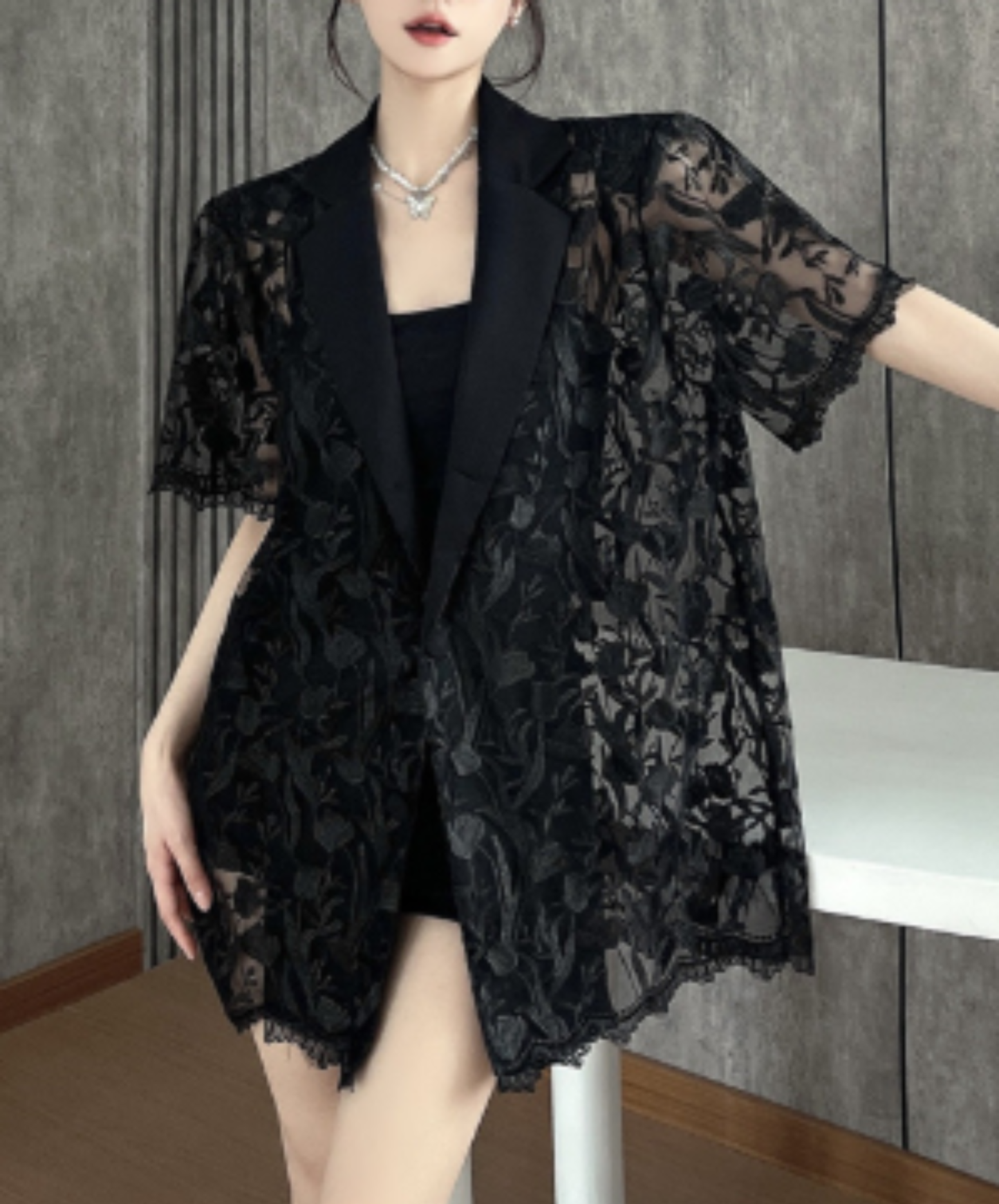 embroidered mesh patchwork jacket EN2966