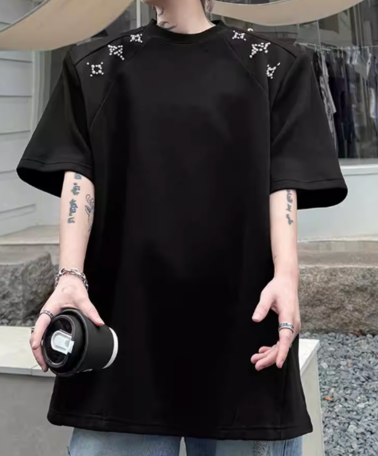 sparkling star motif bead decoration t-shirt EN2827