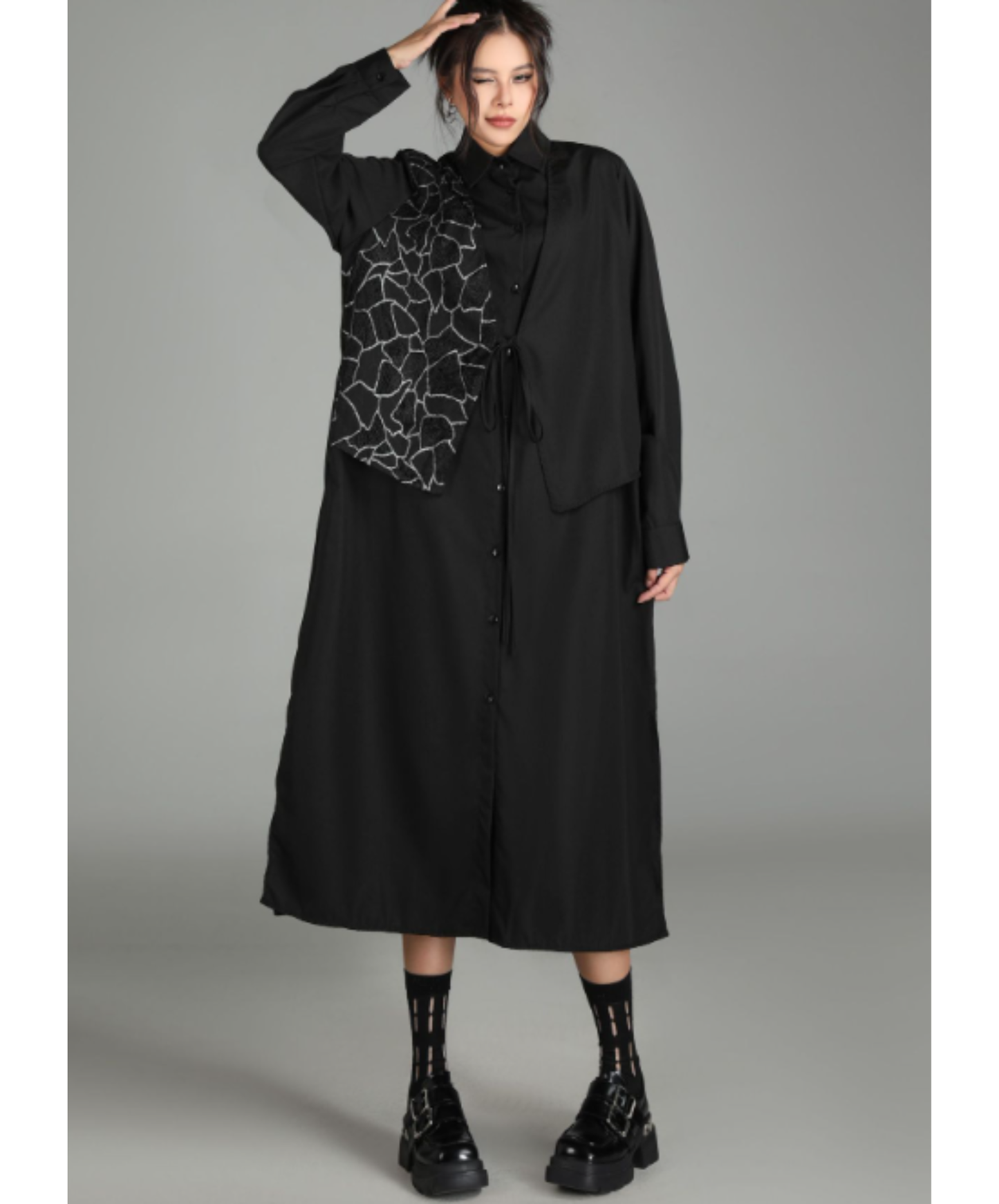 dark patchwork two-piece style long shirt EN3016
