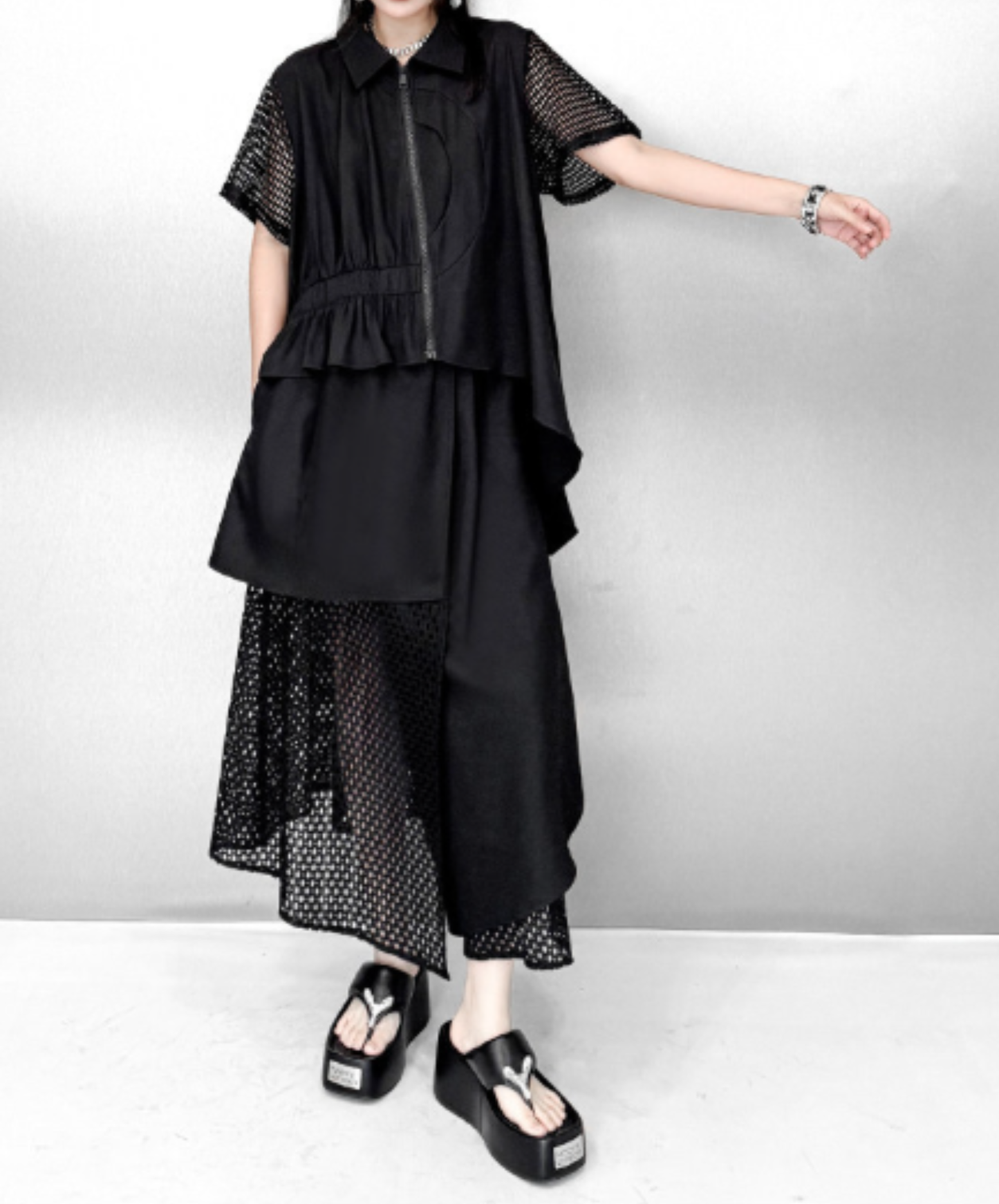 dark irregular design sheer shirt EN2946