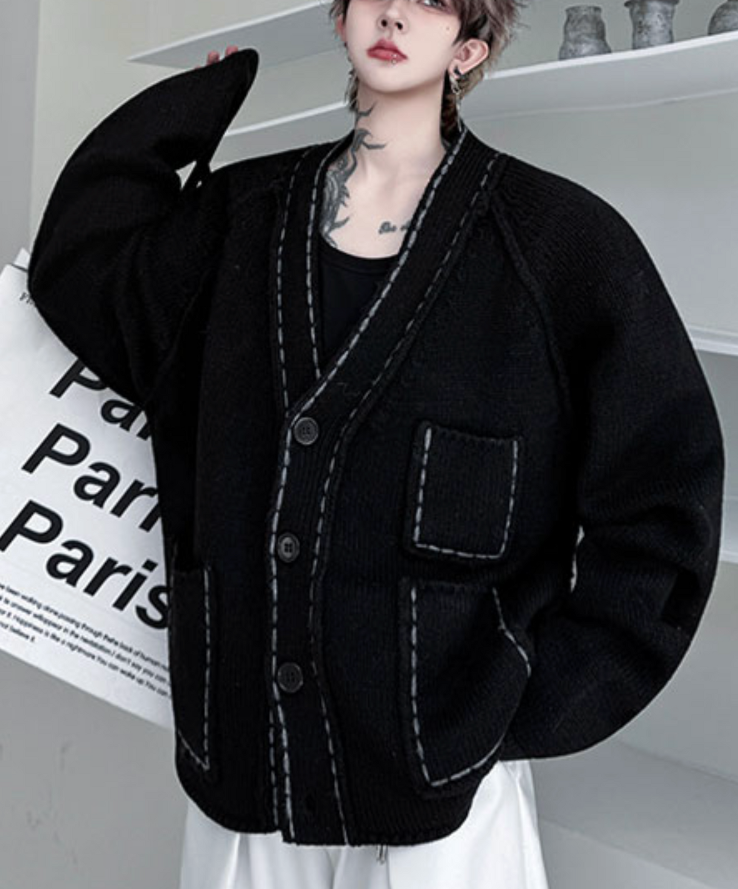 -neck with unique stitching cardigan EN2525