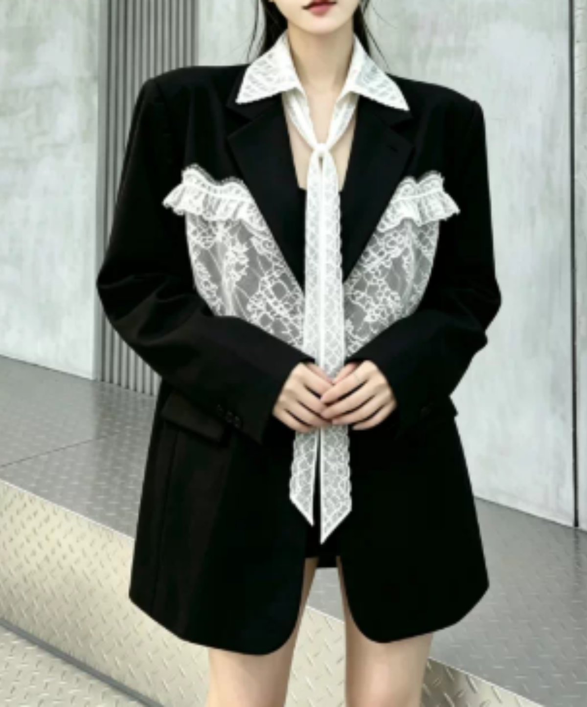 panelled design with a lace bow tie jacket EN3166
