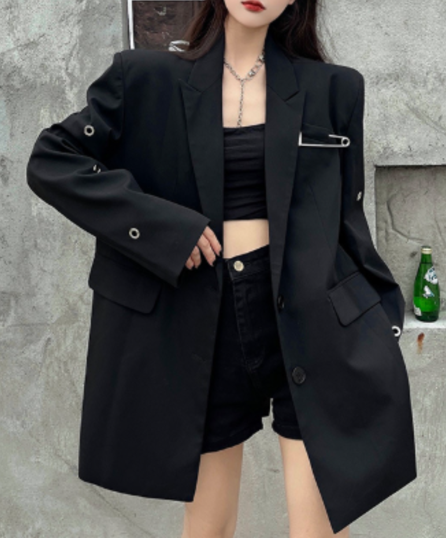 oversized safety pin and eyelet accents jacket EN3164