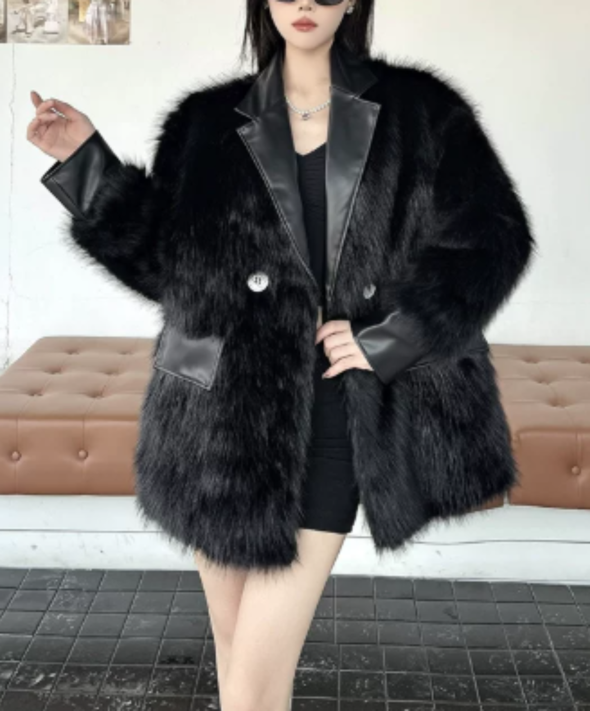 dark shaggy lapel mixed-material paneling jacket EN3188