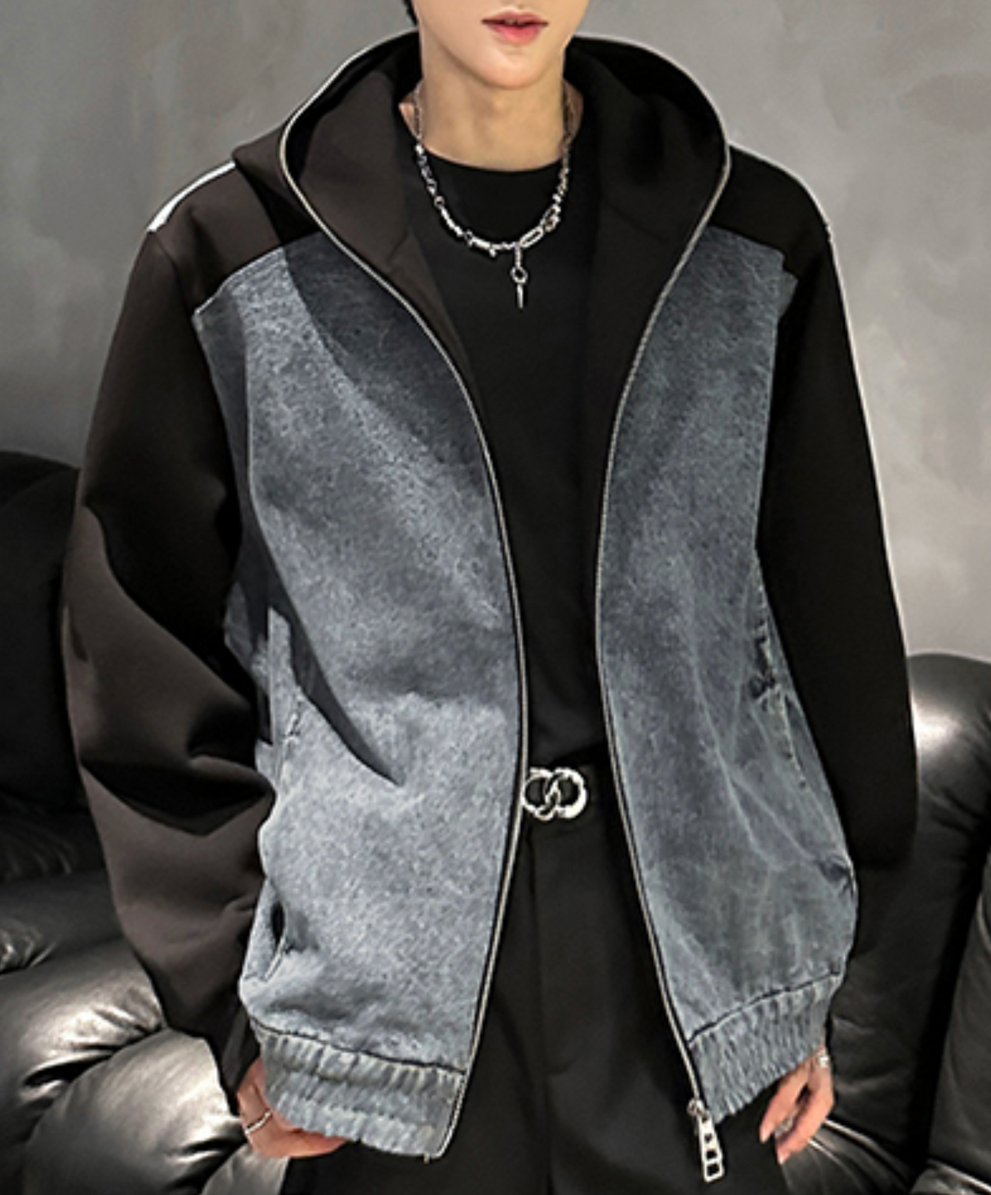 retro denim patchwork hoodie EN2476