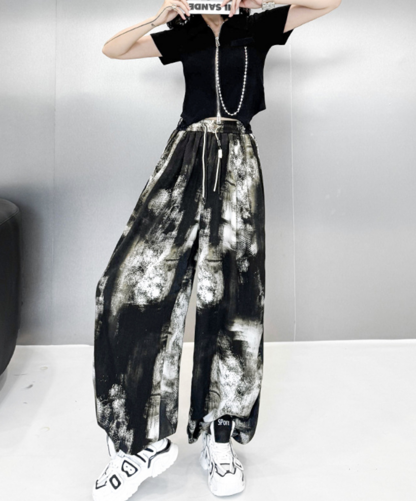 dark splicing drawstring pants EN2337