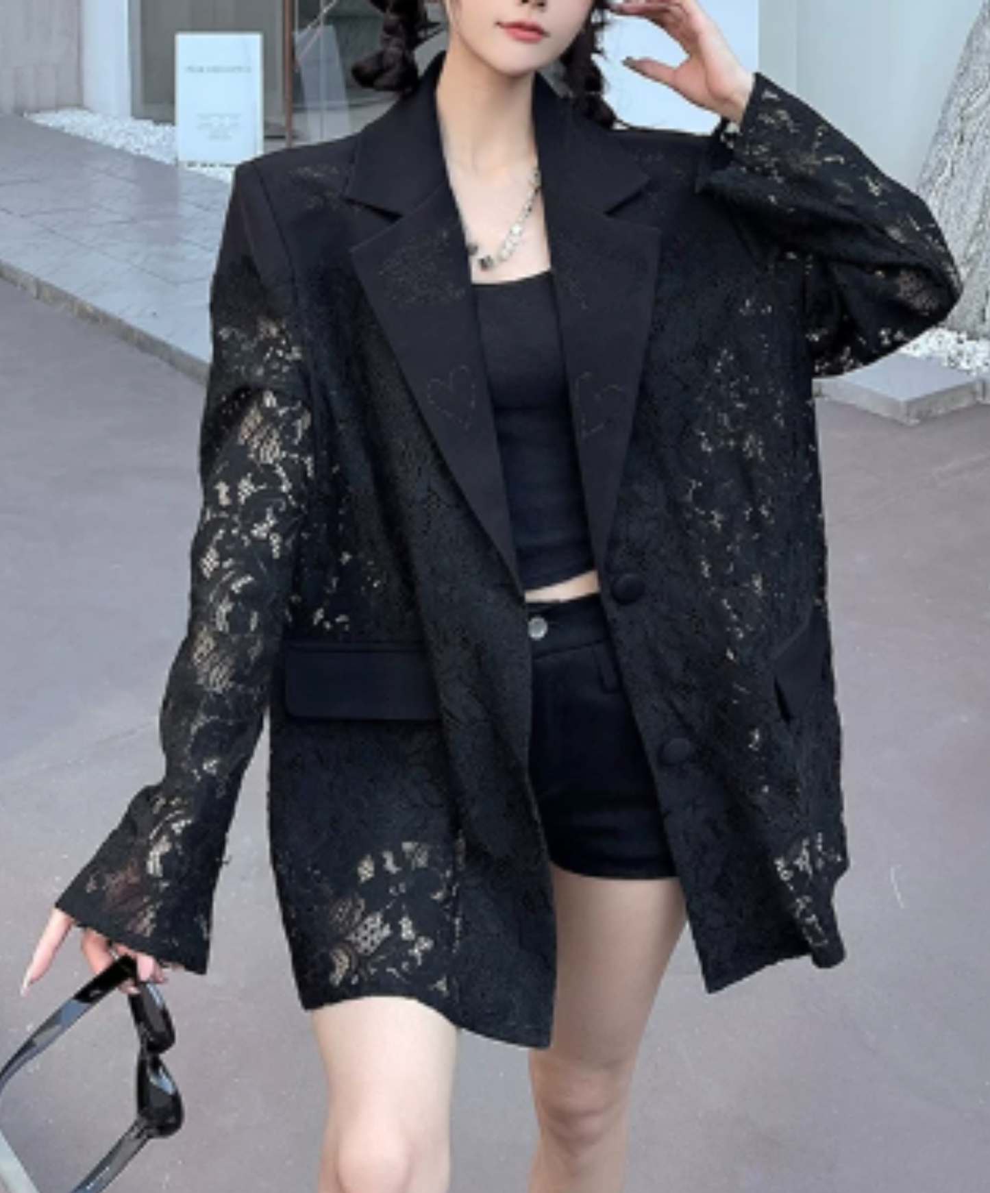 dark lace-panelled openwork design jacket EN3139