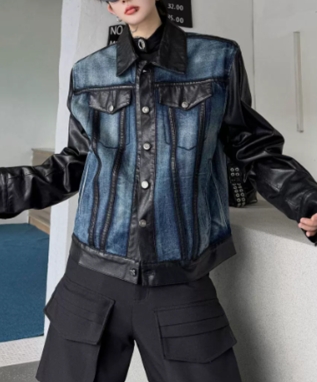 gradient mixed-material paneling jacket EN3240