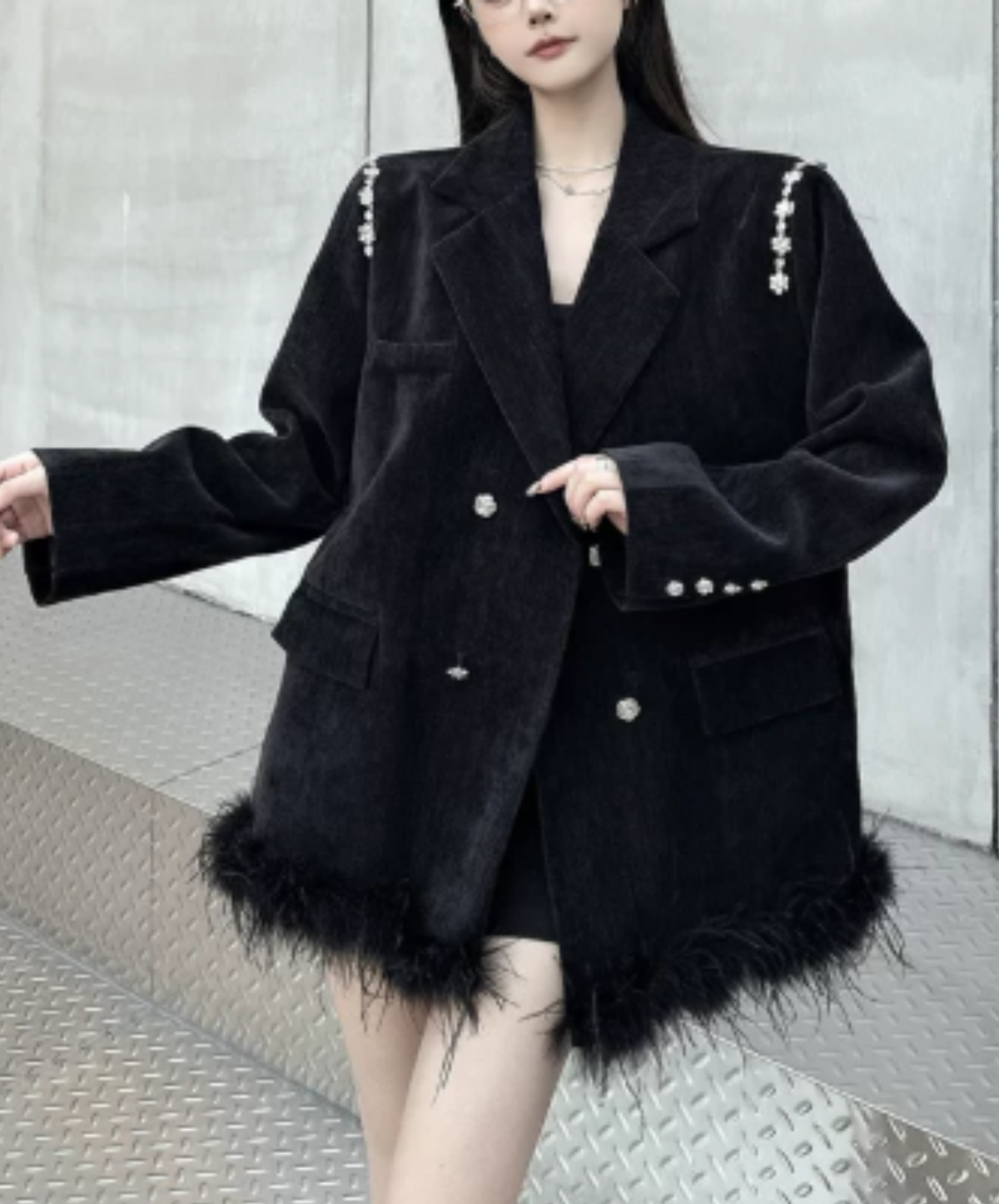 dark fur hem with floral lace embellishment jacket EN3191