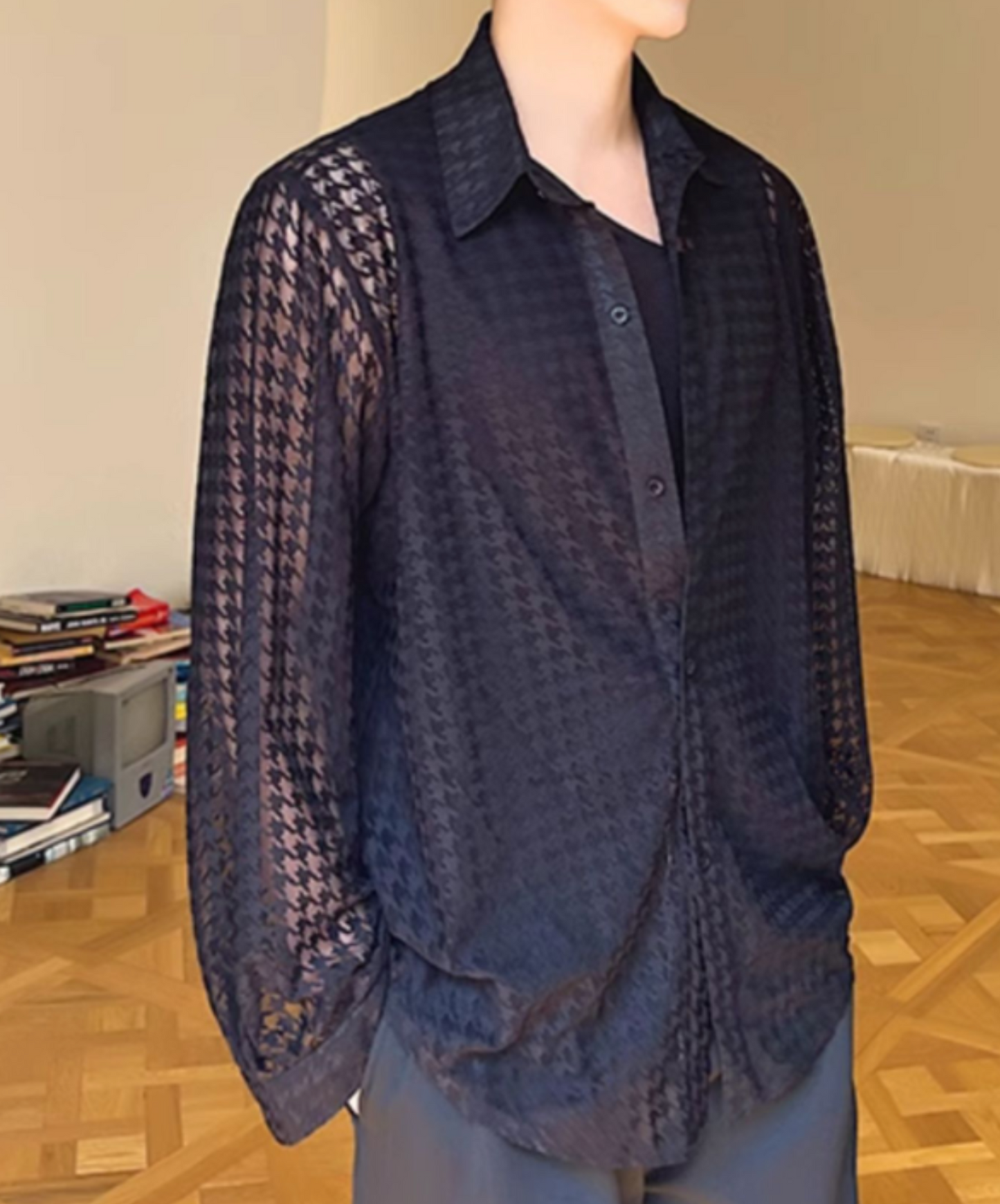 dark houndstooth sheer shirt EN2109