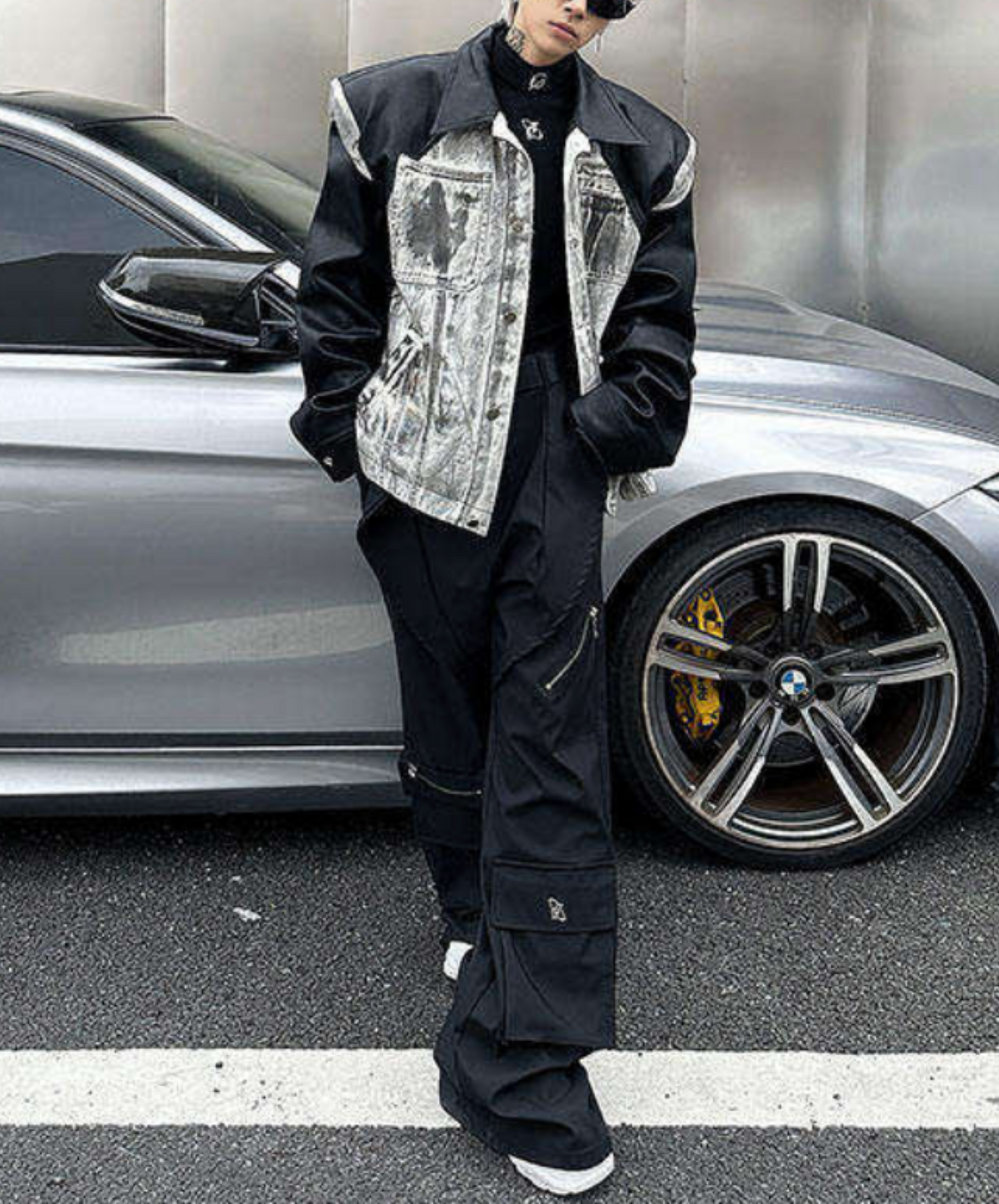 denim print x pu leather patchwork jacket EN2657