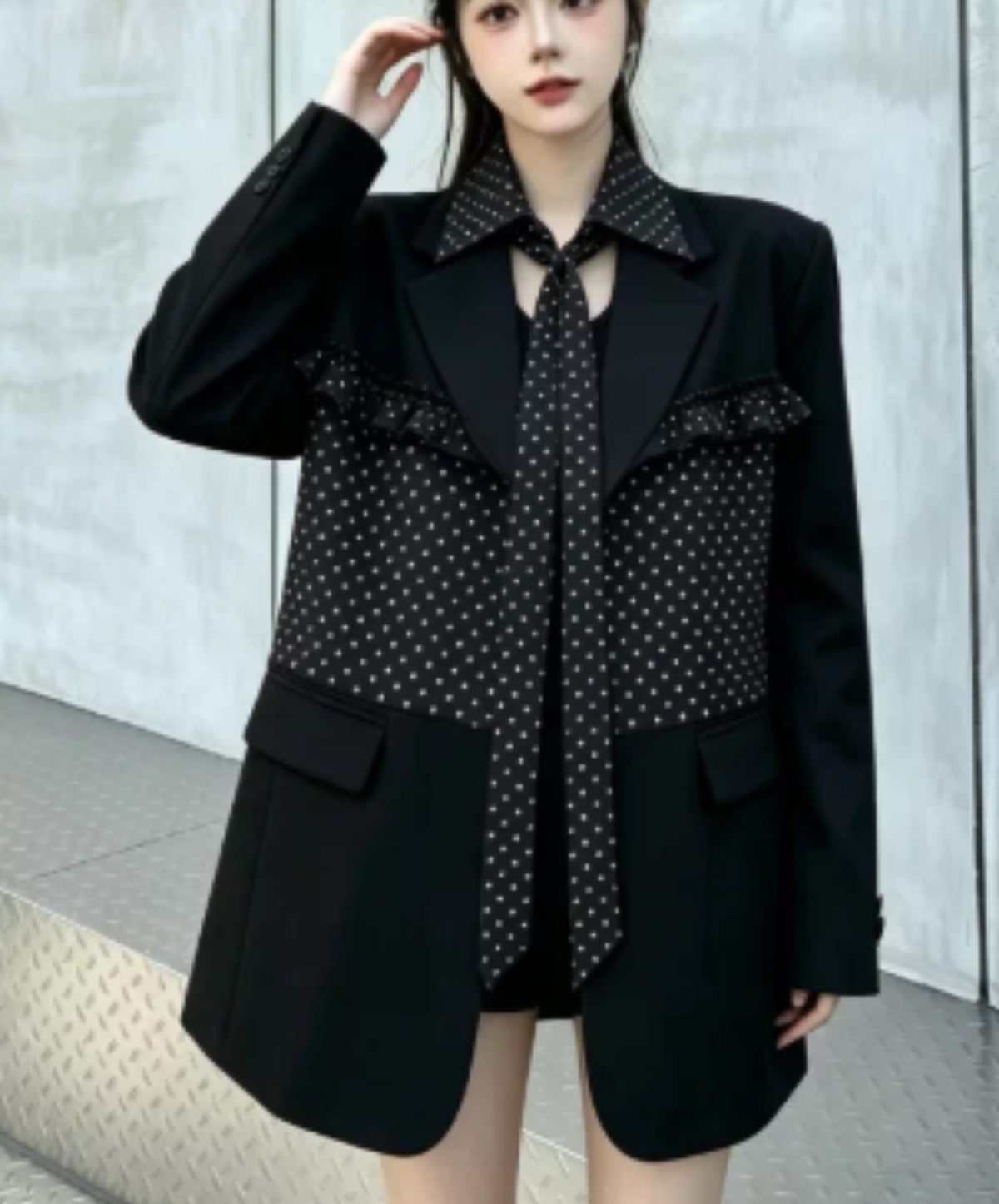 ruffle detail with a polka-dot bow tie jacket EN3167