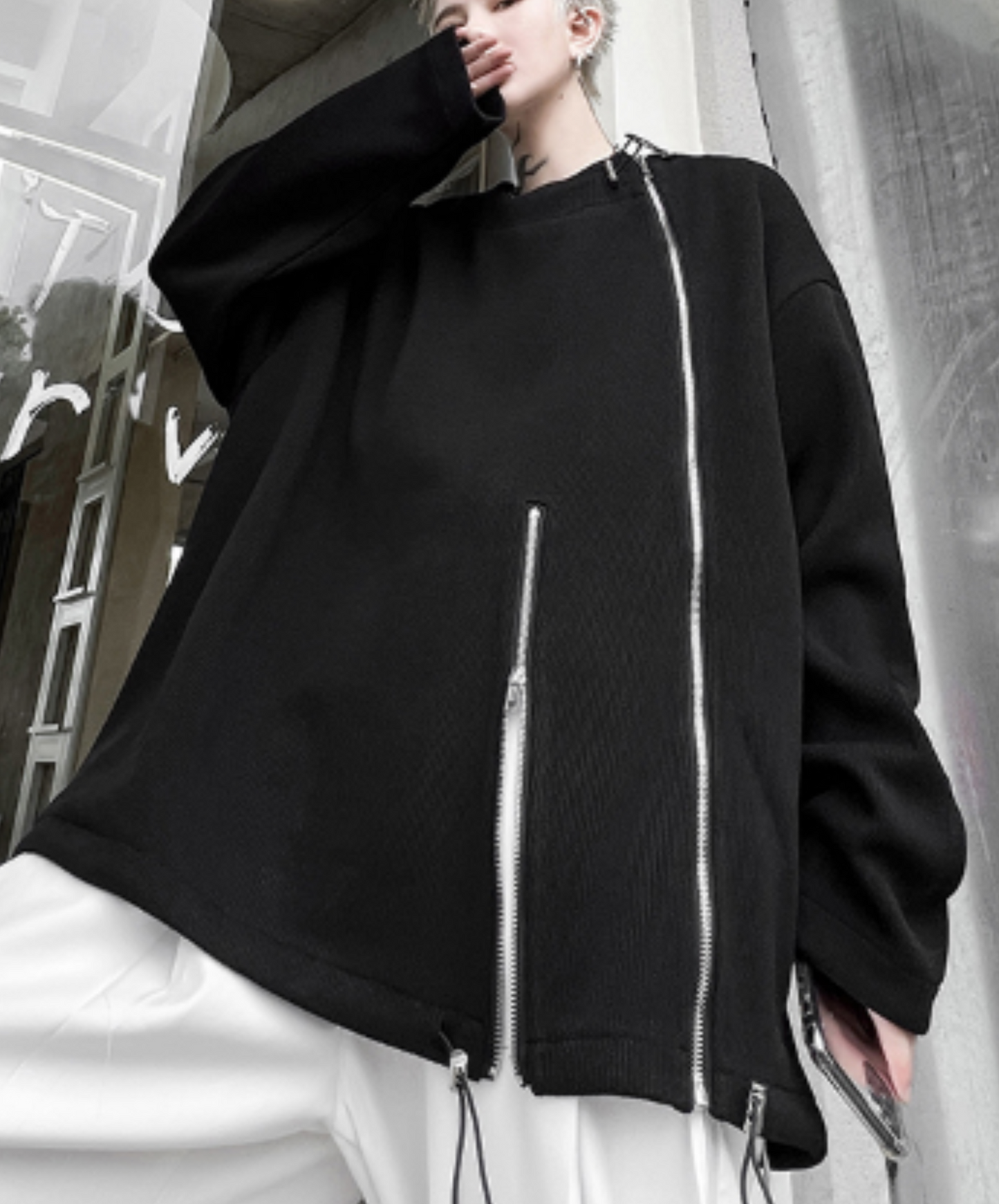 asymmetric zip-up decoration sweatshirts EN1266