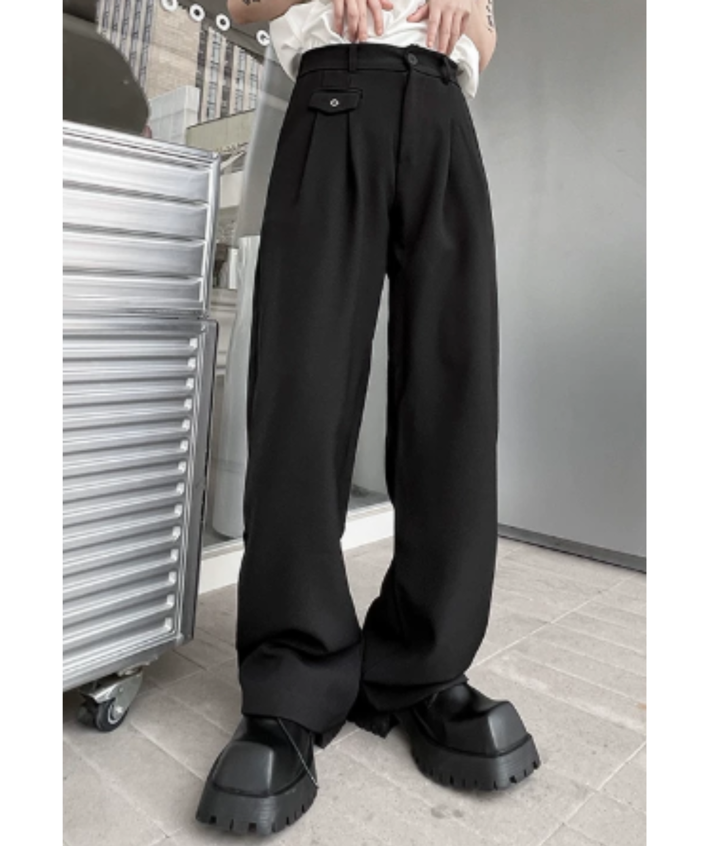 asymmetrical pocket, simple straight slacks pants EN2925