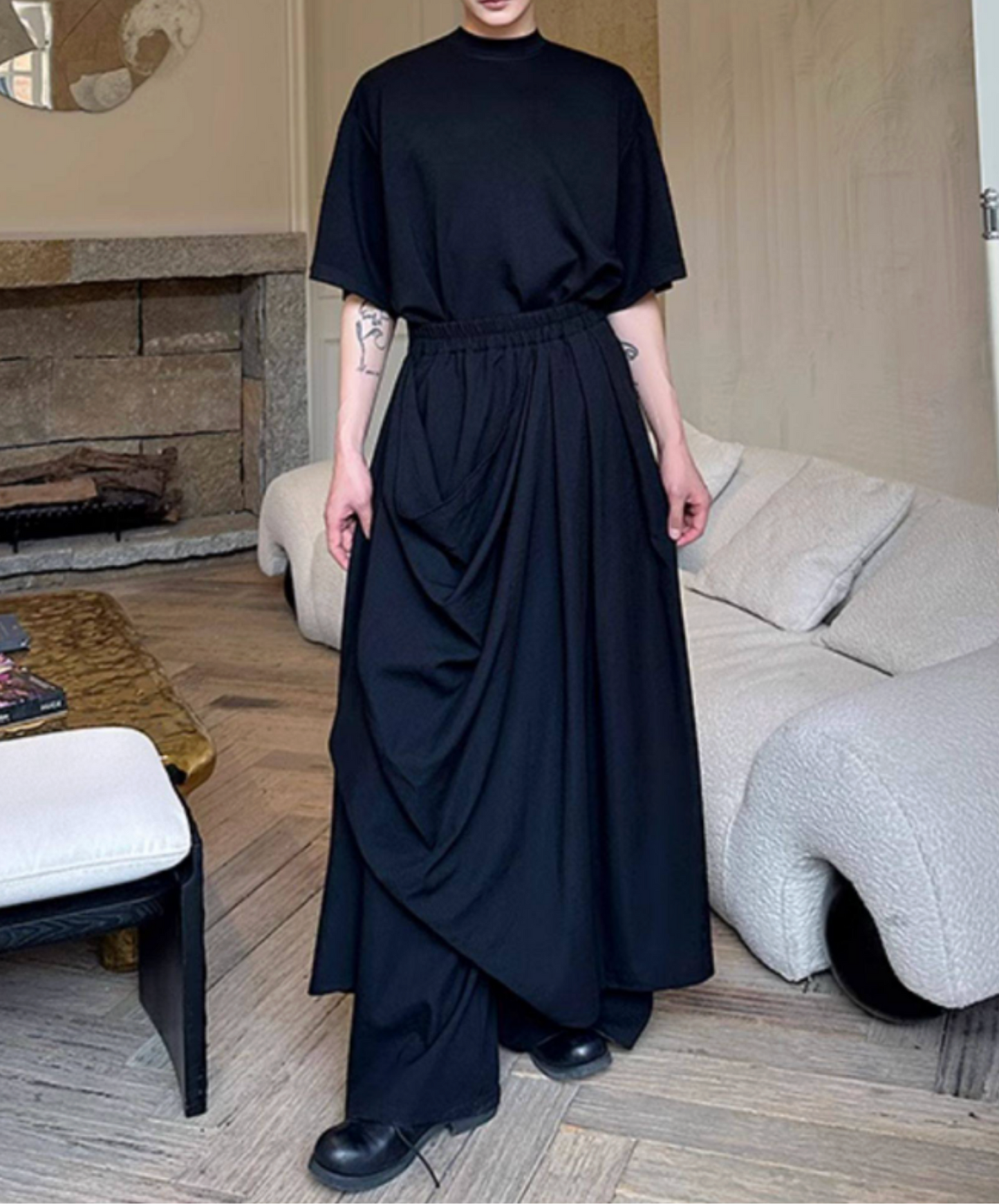 dark draped double skirt pants EN2691