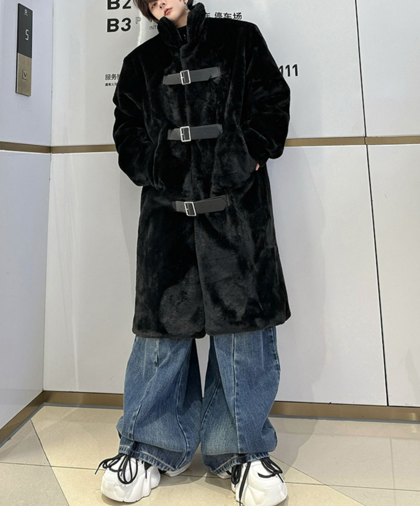 mink style thick long belt coat EN1403
